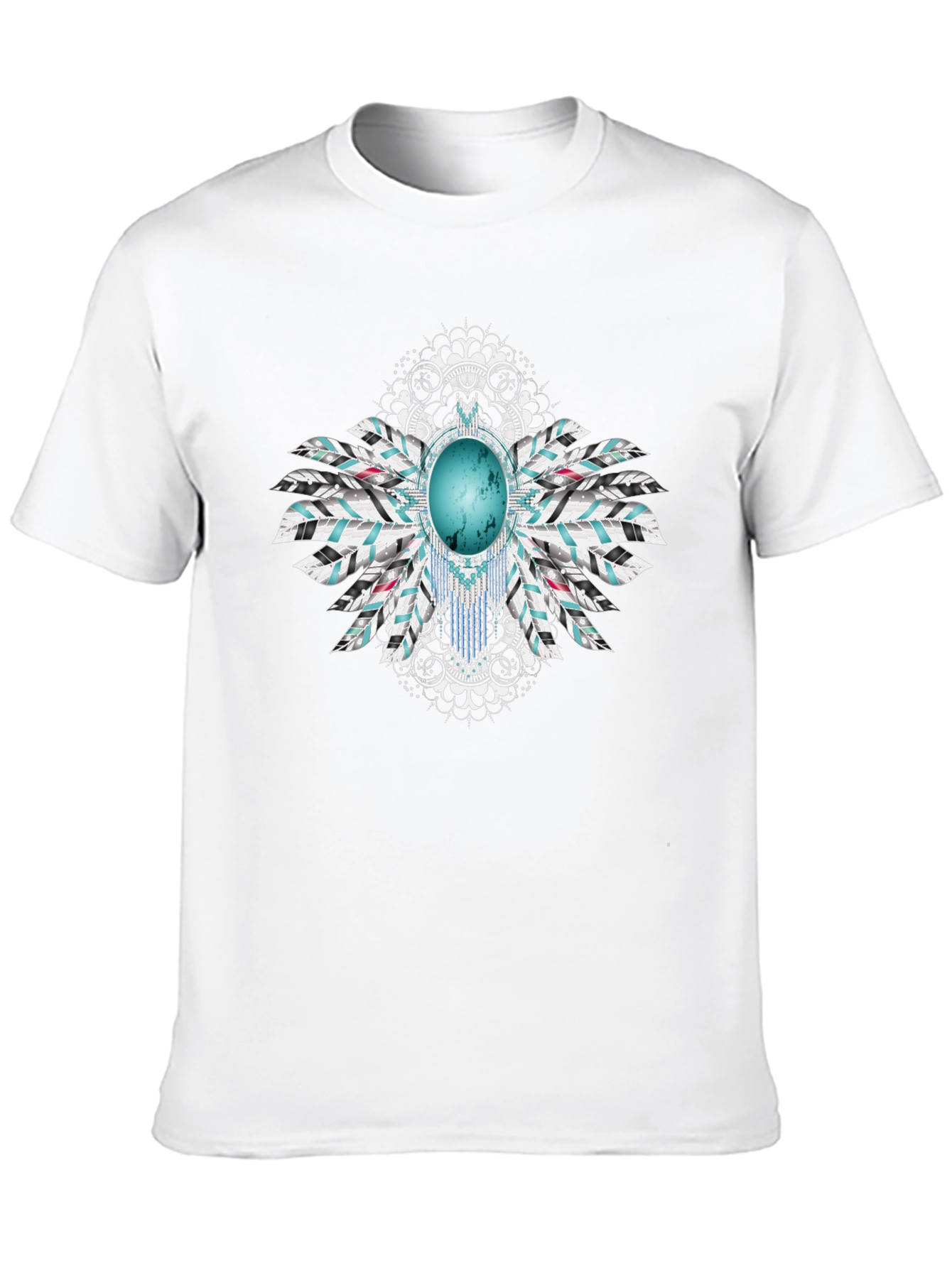 Turquoise Stone Feather Graphic Black T-Shirt