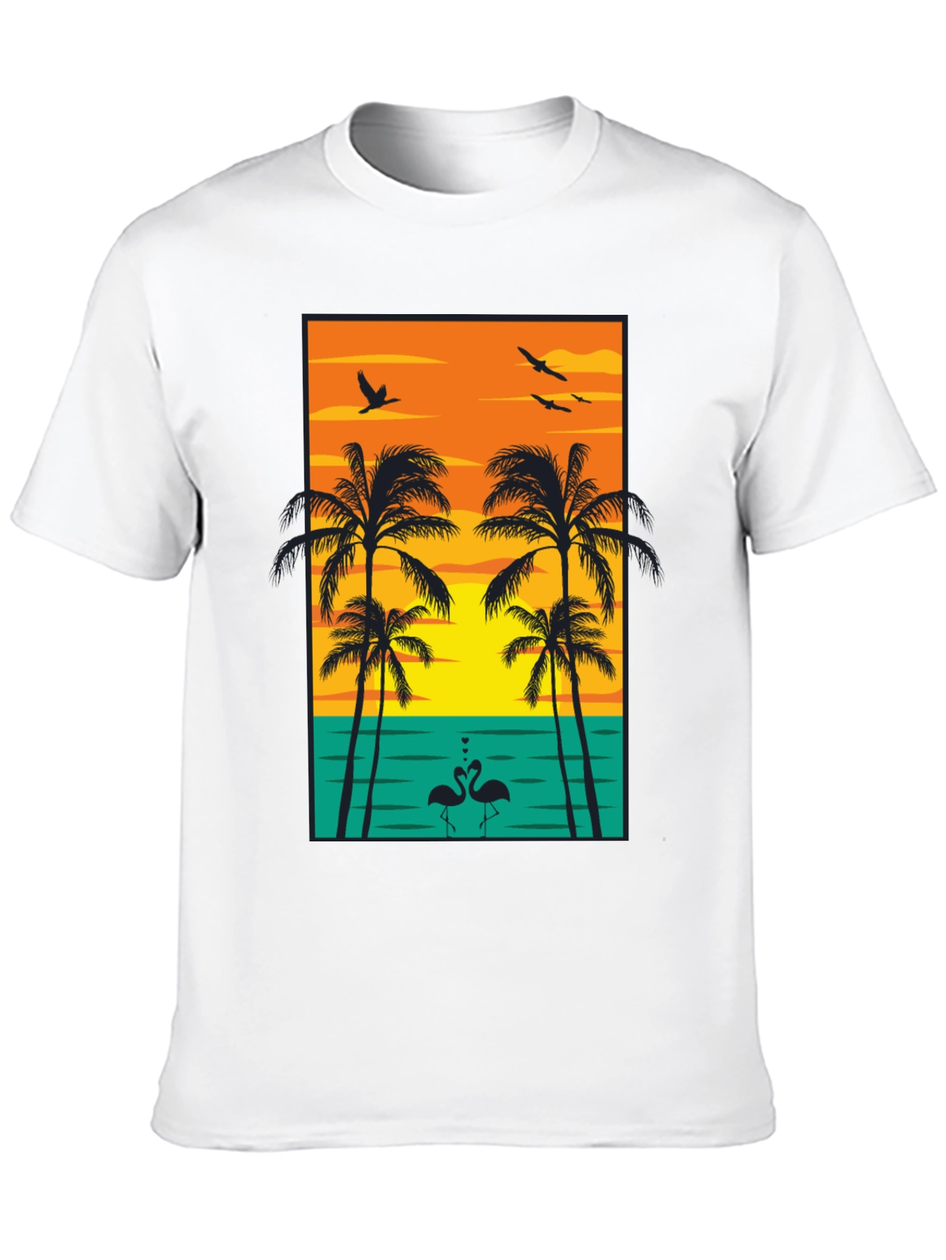 Tropical Sunset Graphic Tee - Palm Trees and Flamingos