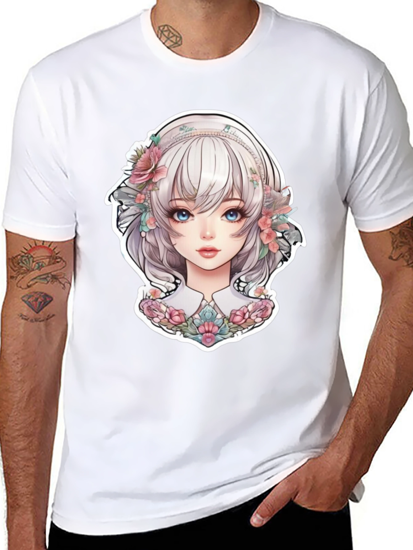 Anime Girl Floral Black T-Shirt