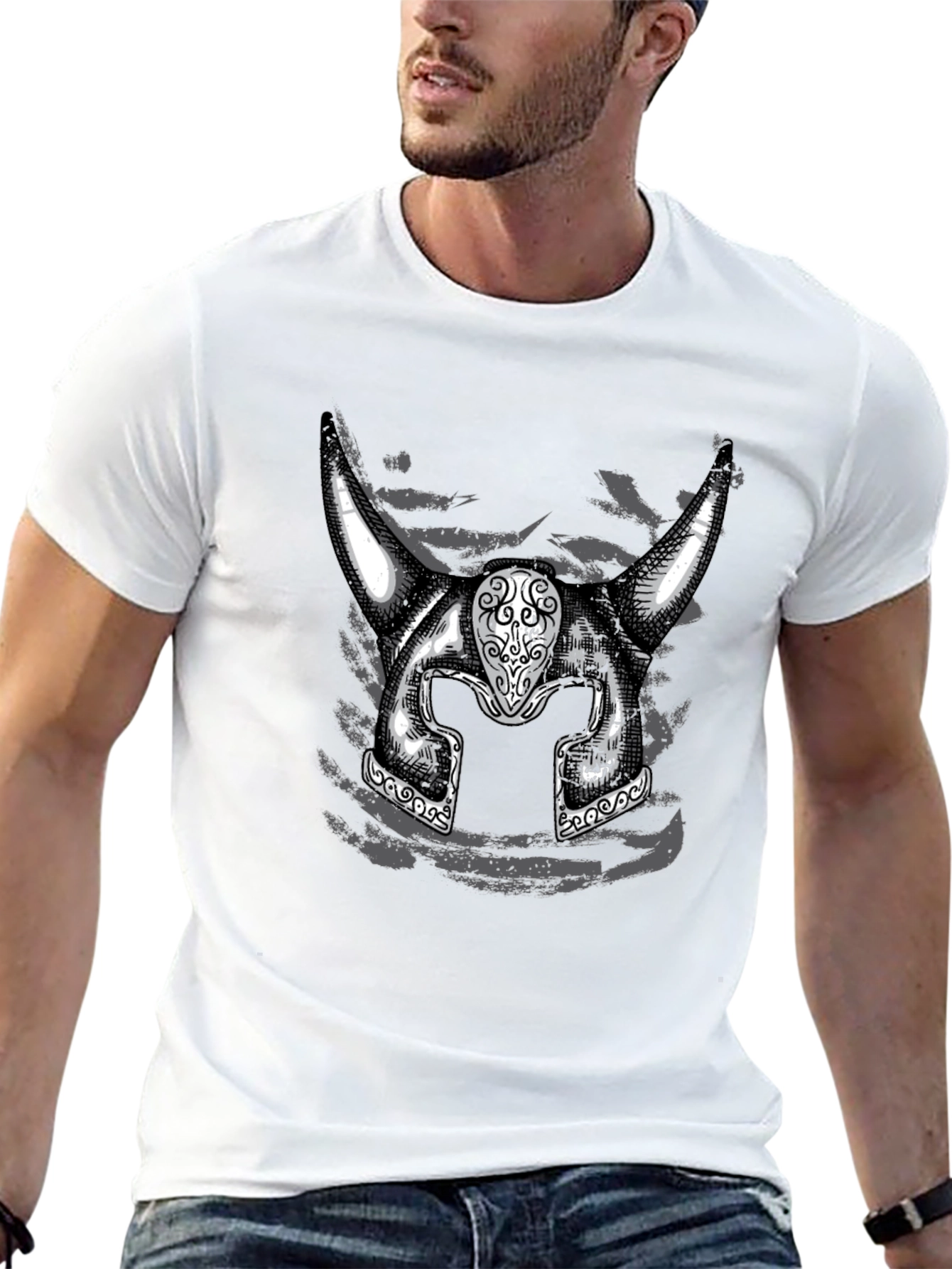 Viking Helmet Graphic Tee - Black Cotton Shirt
