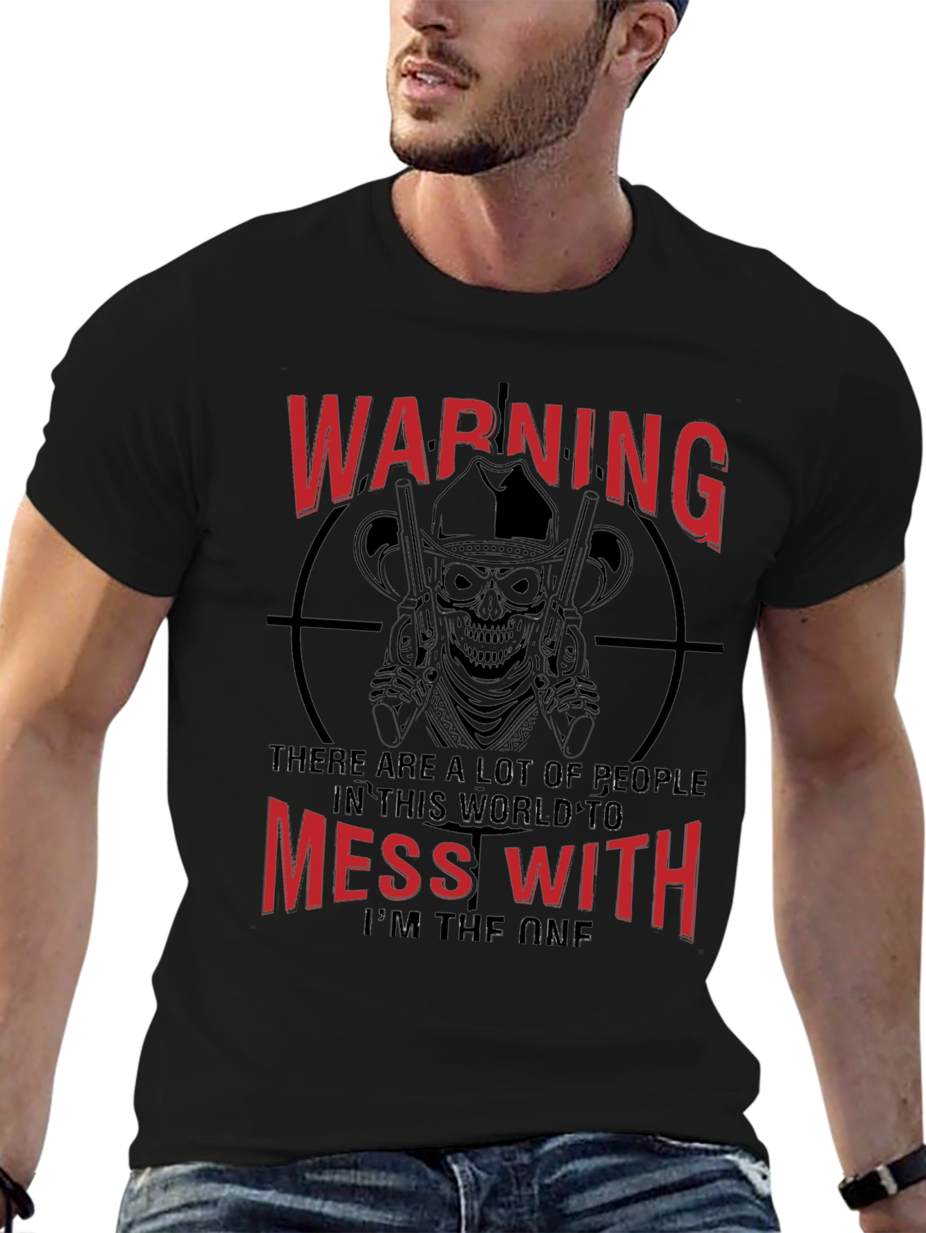 Warning Skull Graphic Tee - Black Cotton