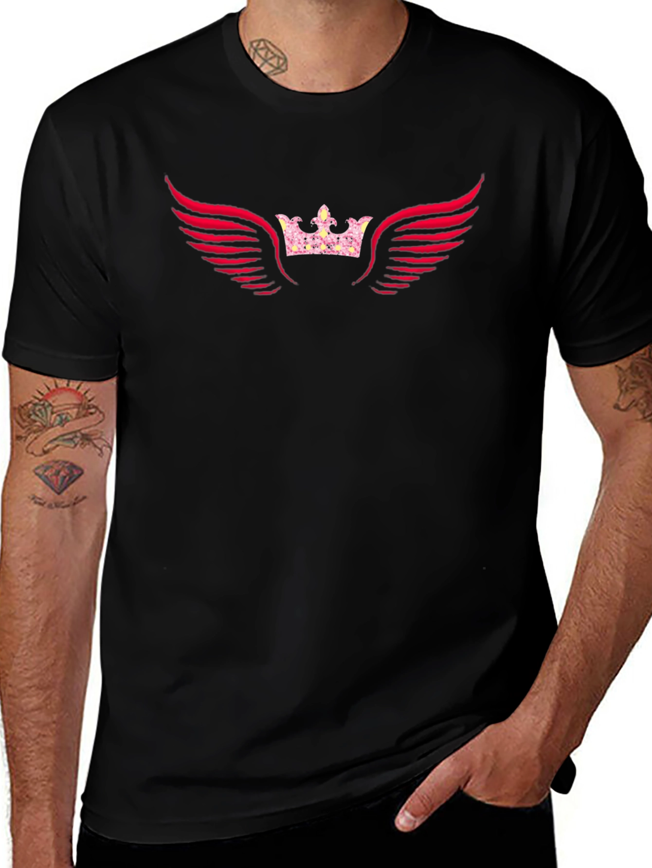 Black Graphic Tee - Crown & Wings Design