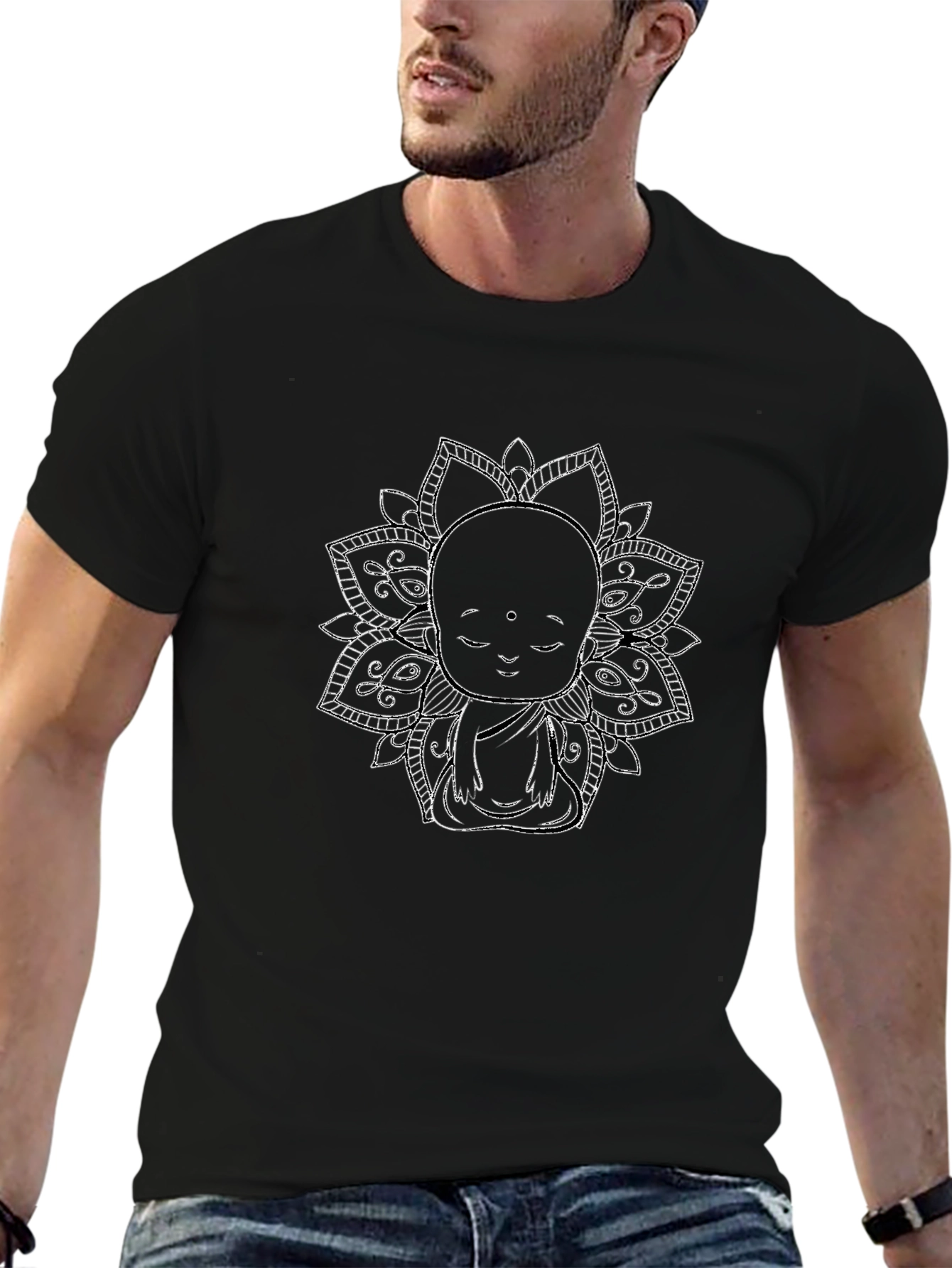 Zen Monk Mandala Graphic Black T-Shirt