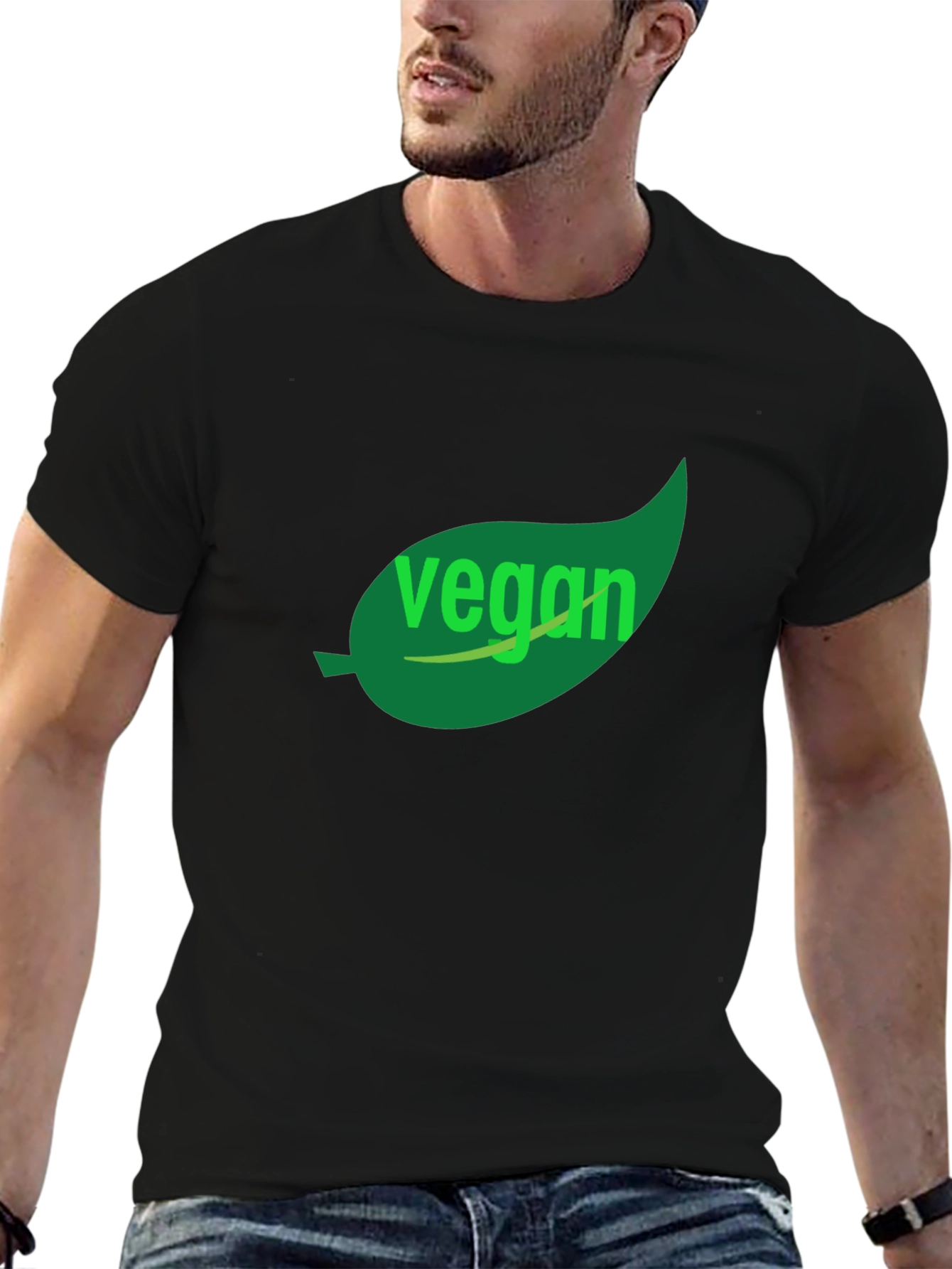 Vegan T-Shirt - Green Leaf Design Black Cotton