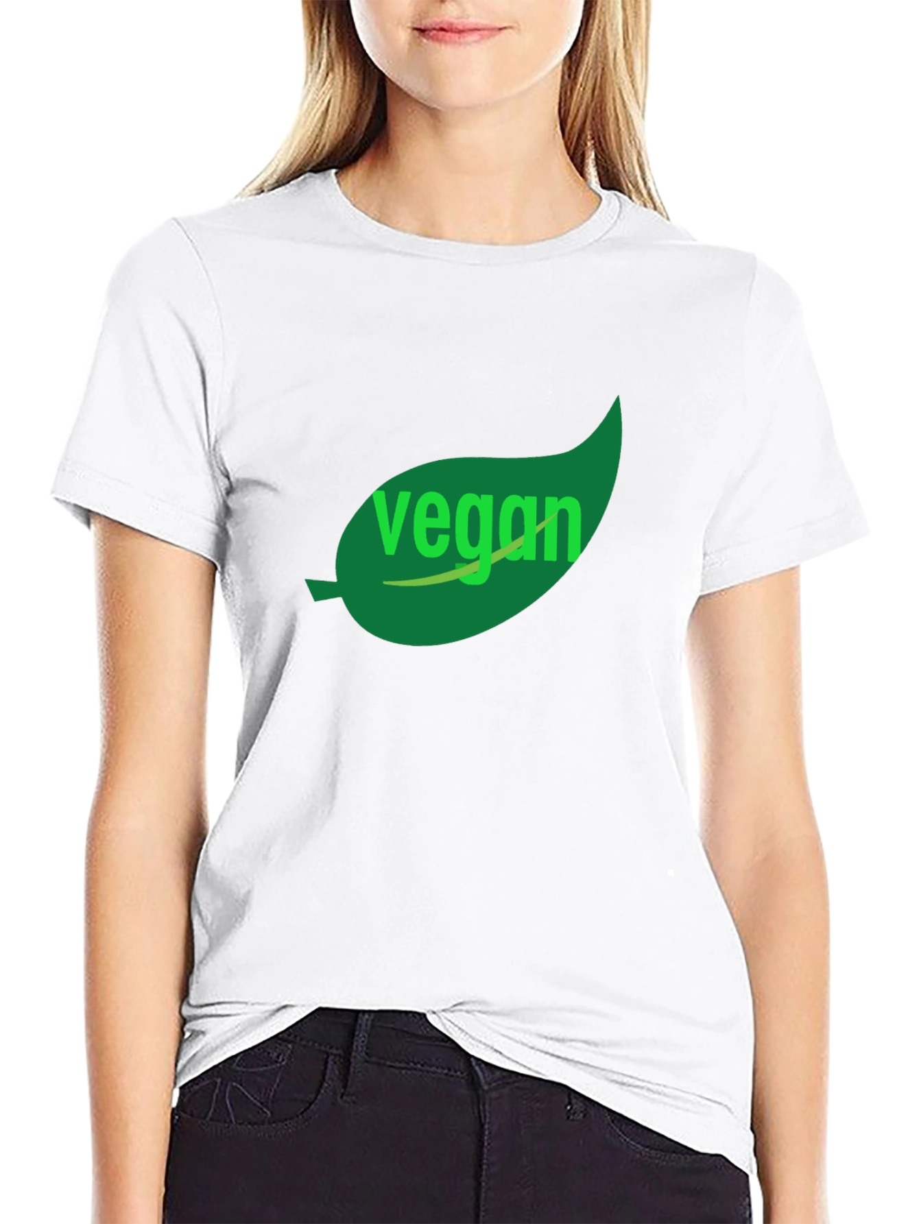 Vegan T-Shirt - Green Leaf Design Black Cotton