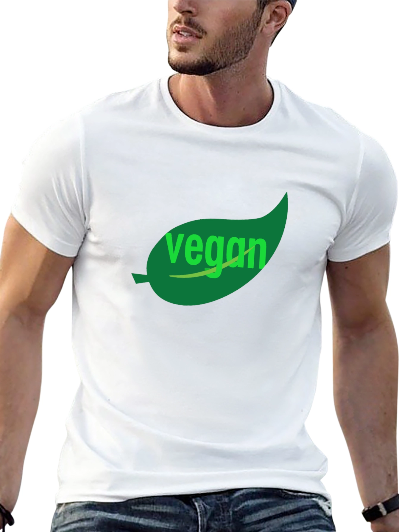 Vegan T-Shirt - Green Leaf Design Black Cotton
