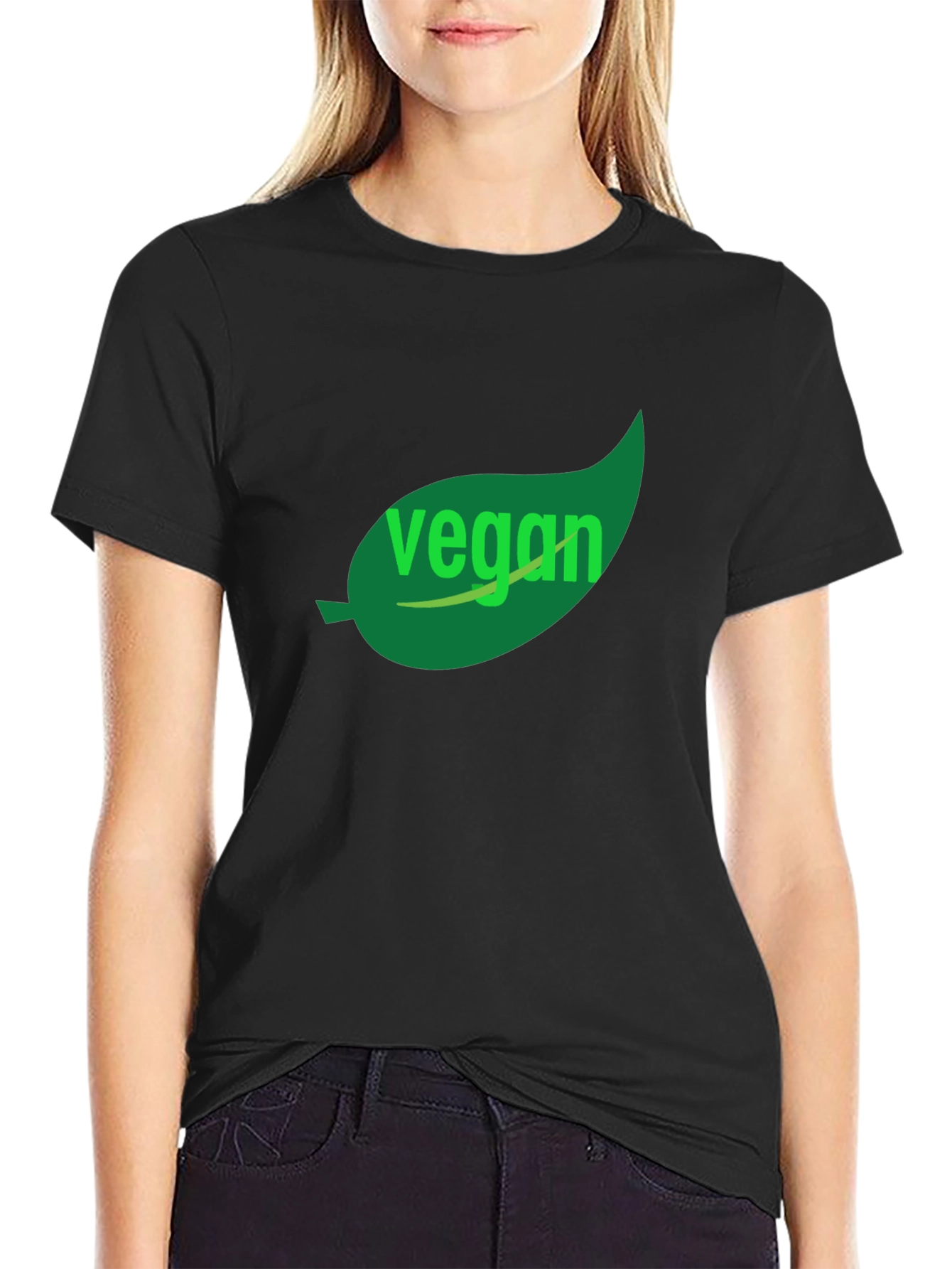 Vegan T-Shirt - Green Leaf Design Black Cotton