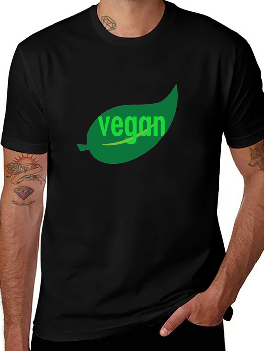 Vegan T-Shirt - Green Leaf Design Black Cotton