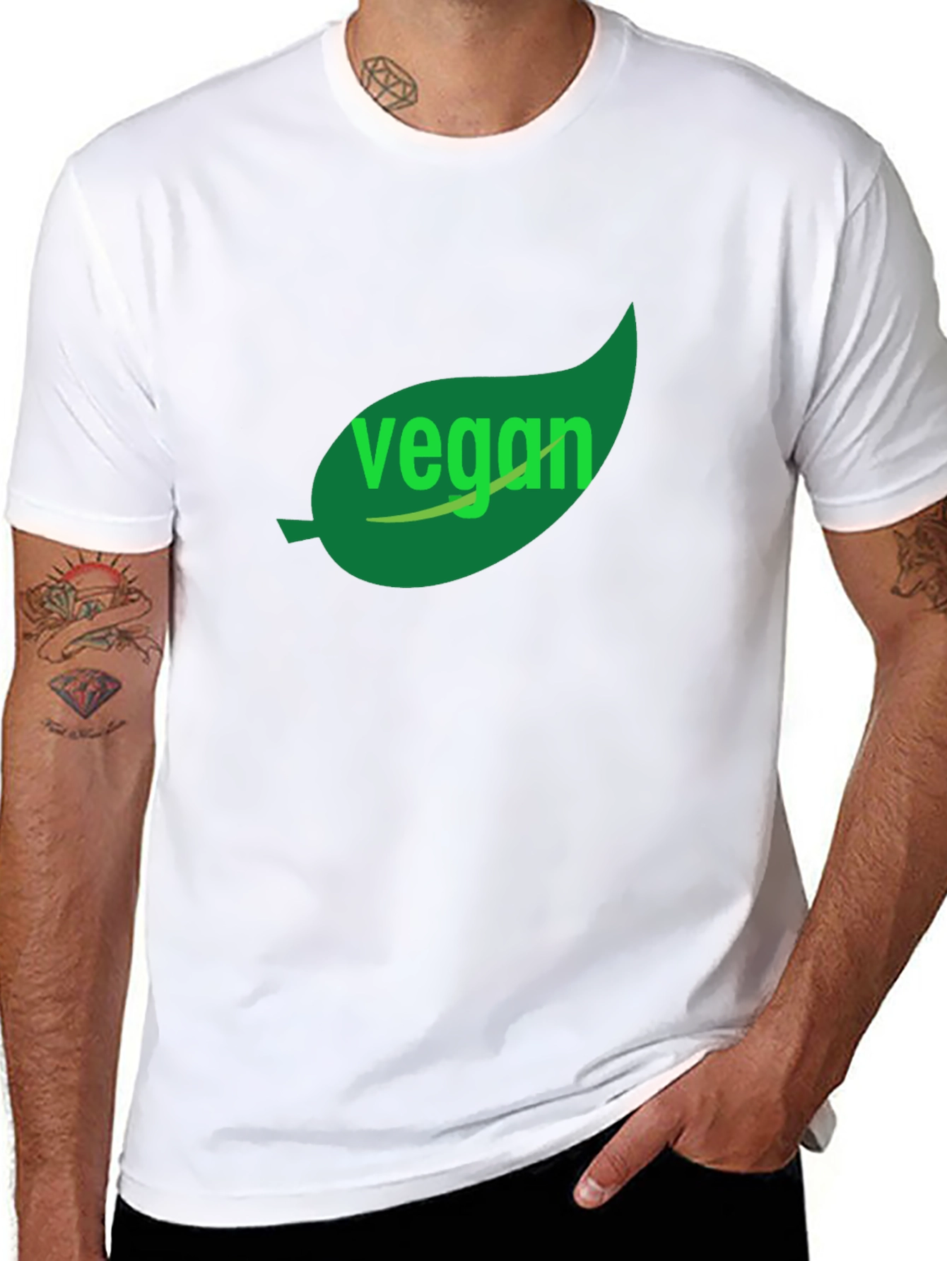 Vegan T-Shirt - Green Leaf Design Black Cotton