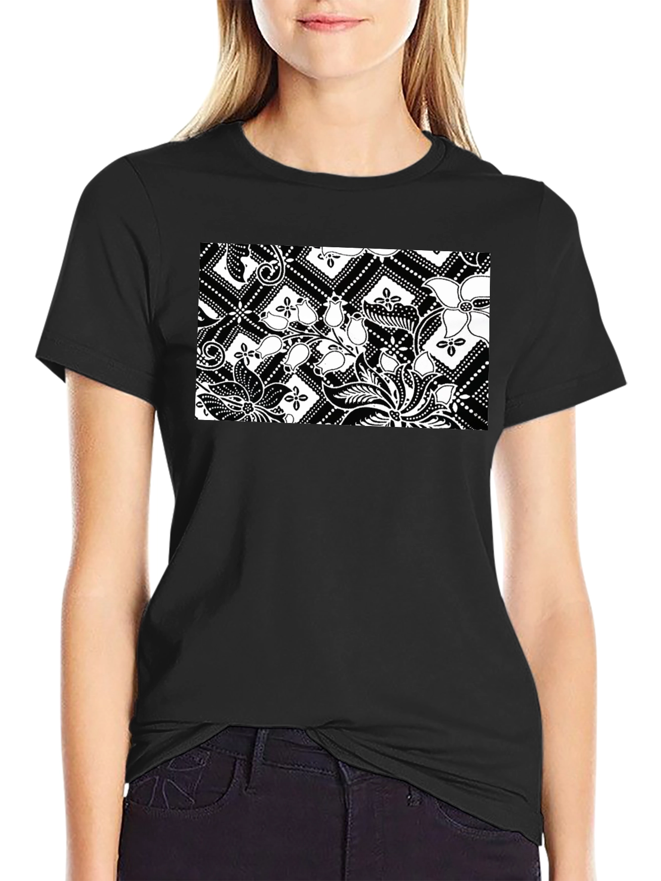 Black T-Shirt with Floral Pattern
