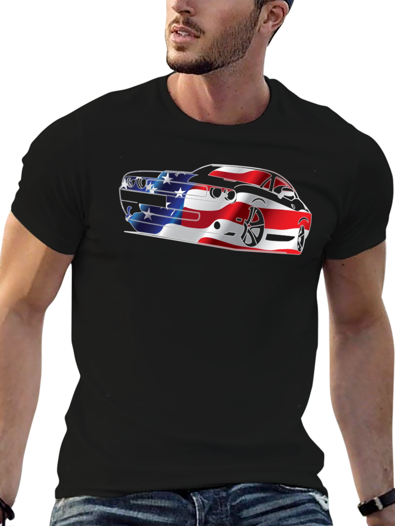 American Flag Car Graphic Black T-Shirt