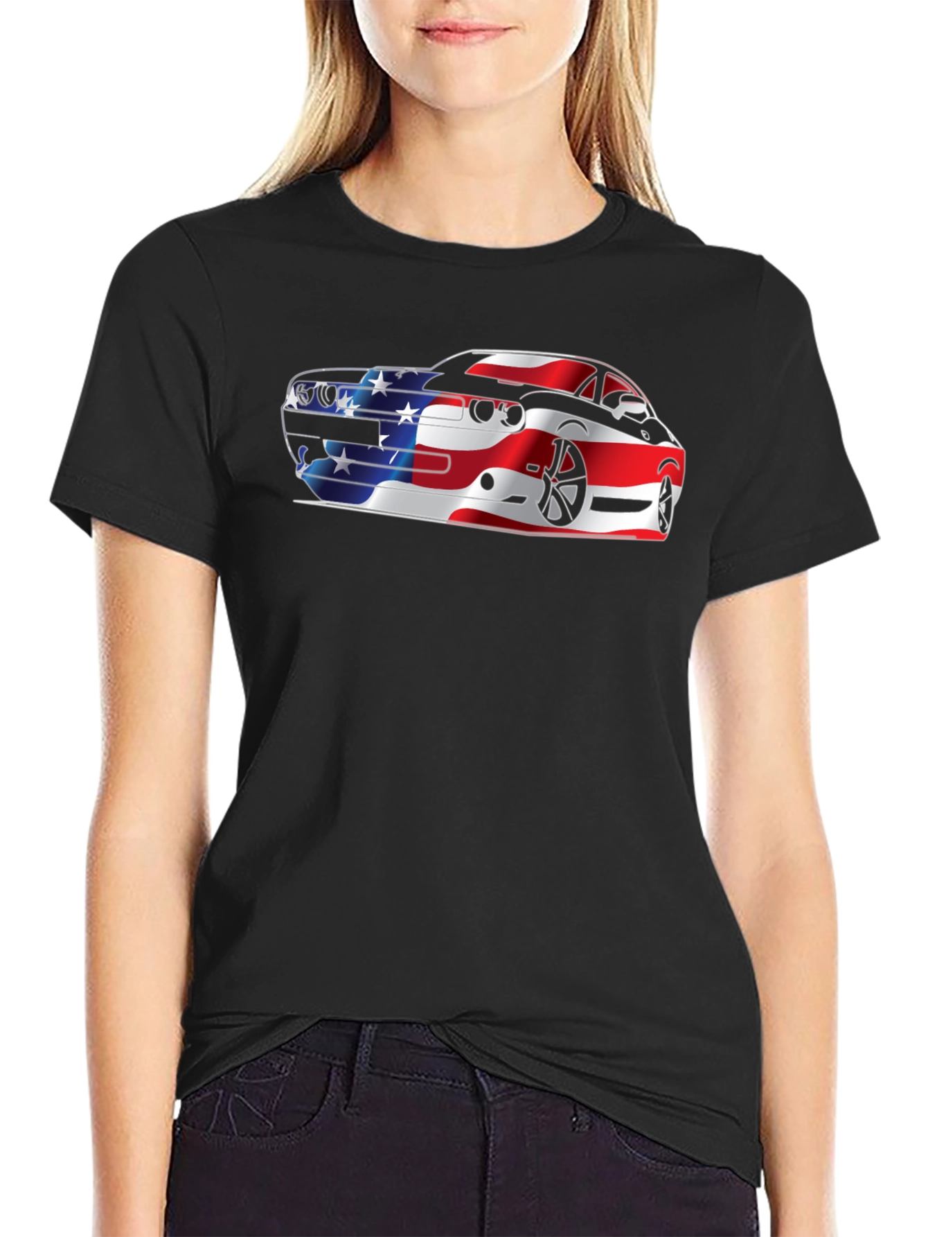 American Flag Car Graphic Black T-Shirt