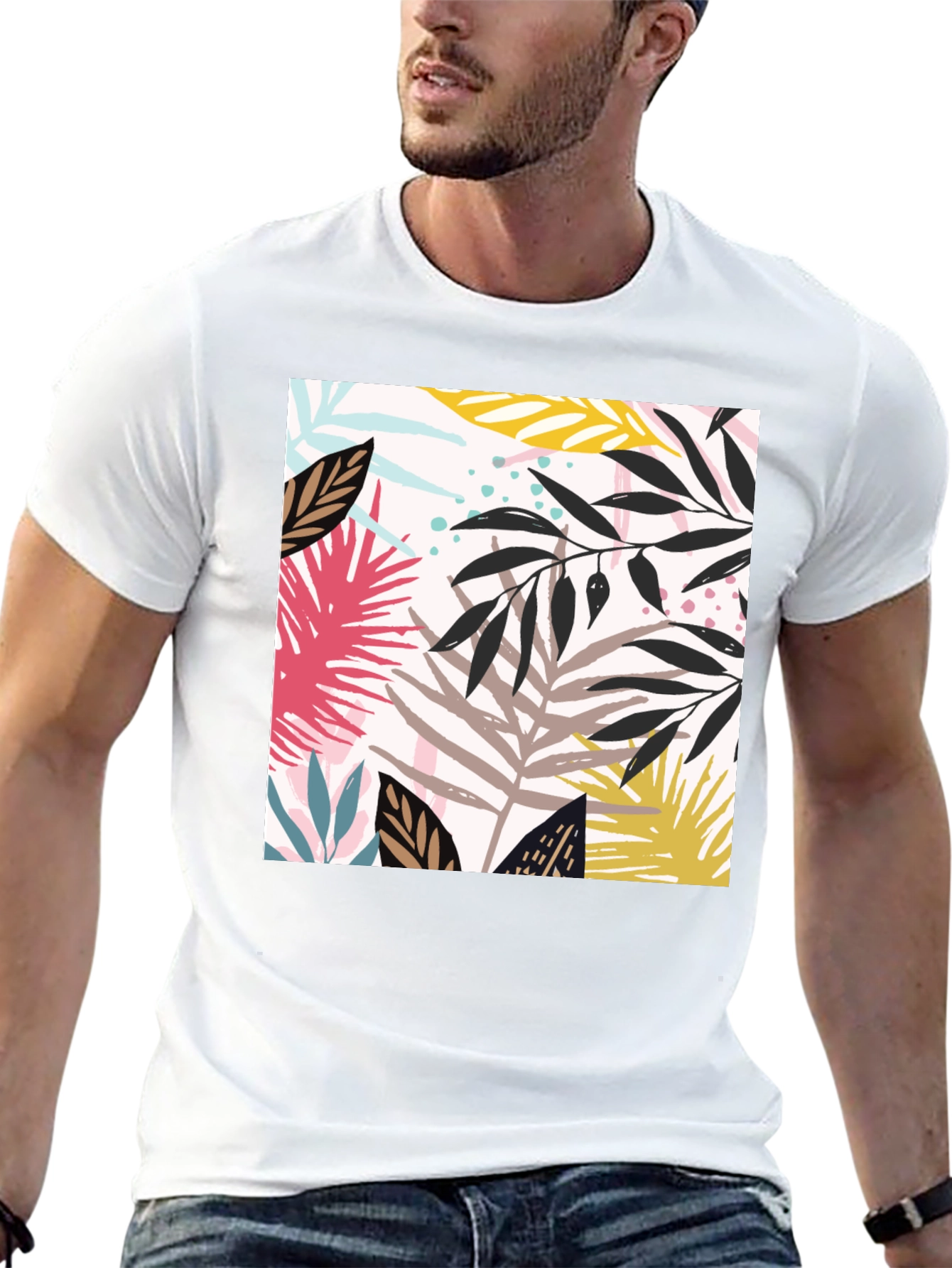 Tropical Leaf Print Black T-Shirt for Men