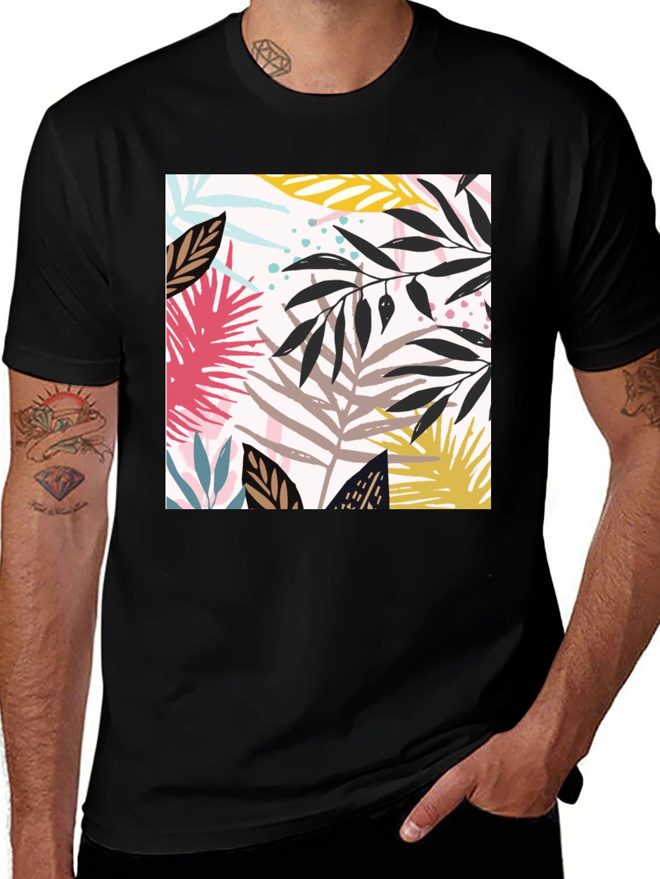 Tropical Leaf Print Black T-Shirt for Men