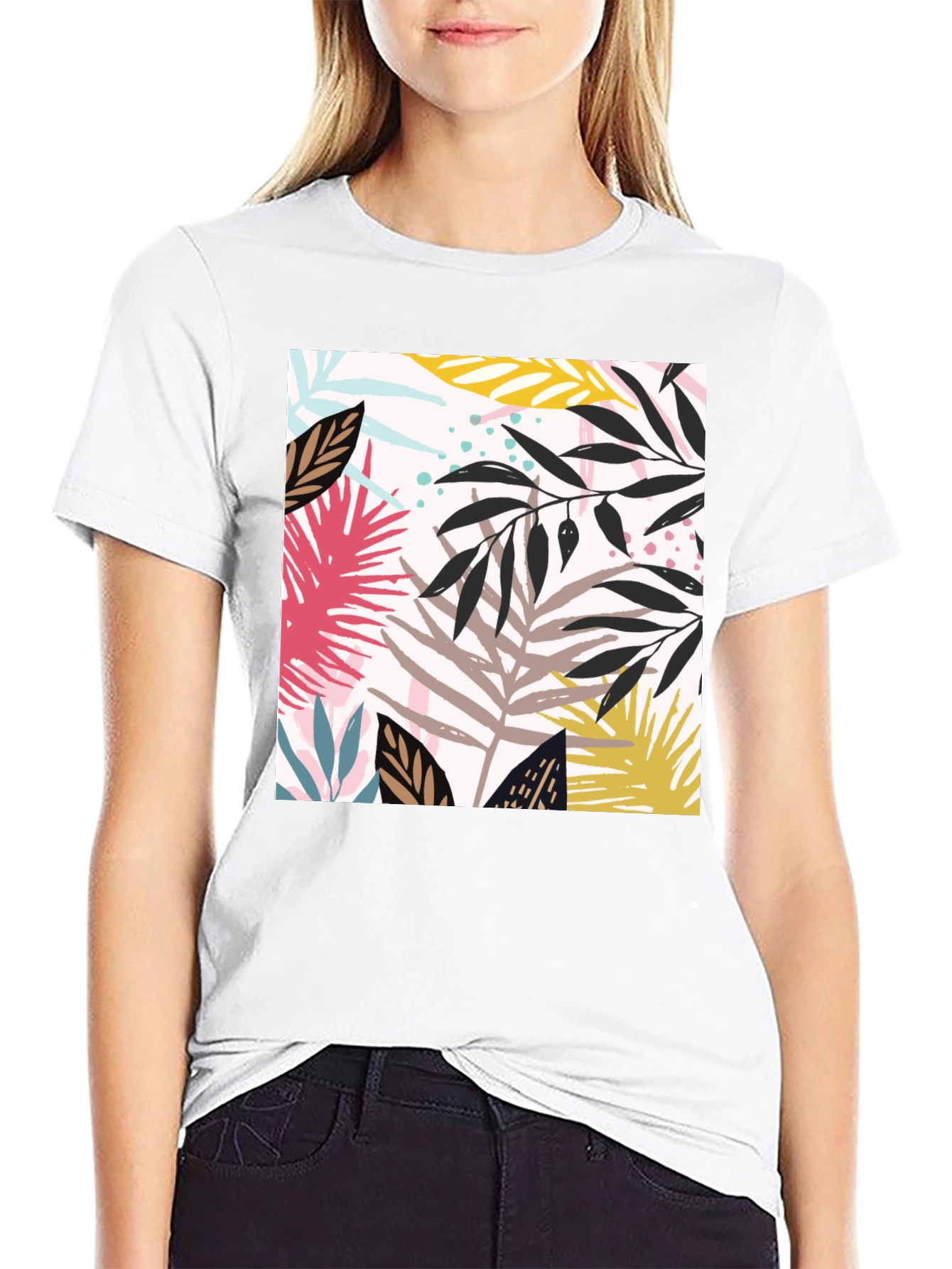 Tropical Leaf Print Black T-Shirt for Men