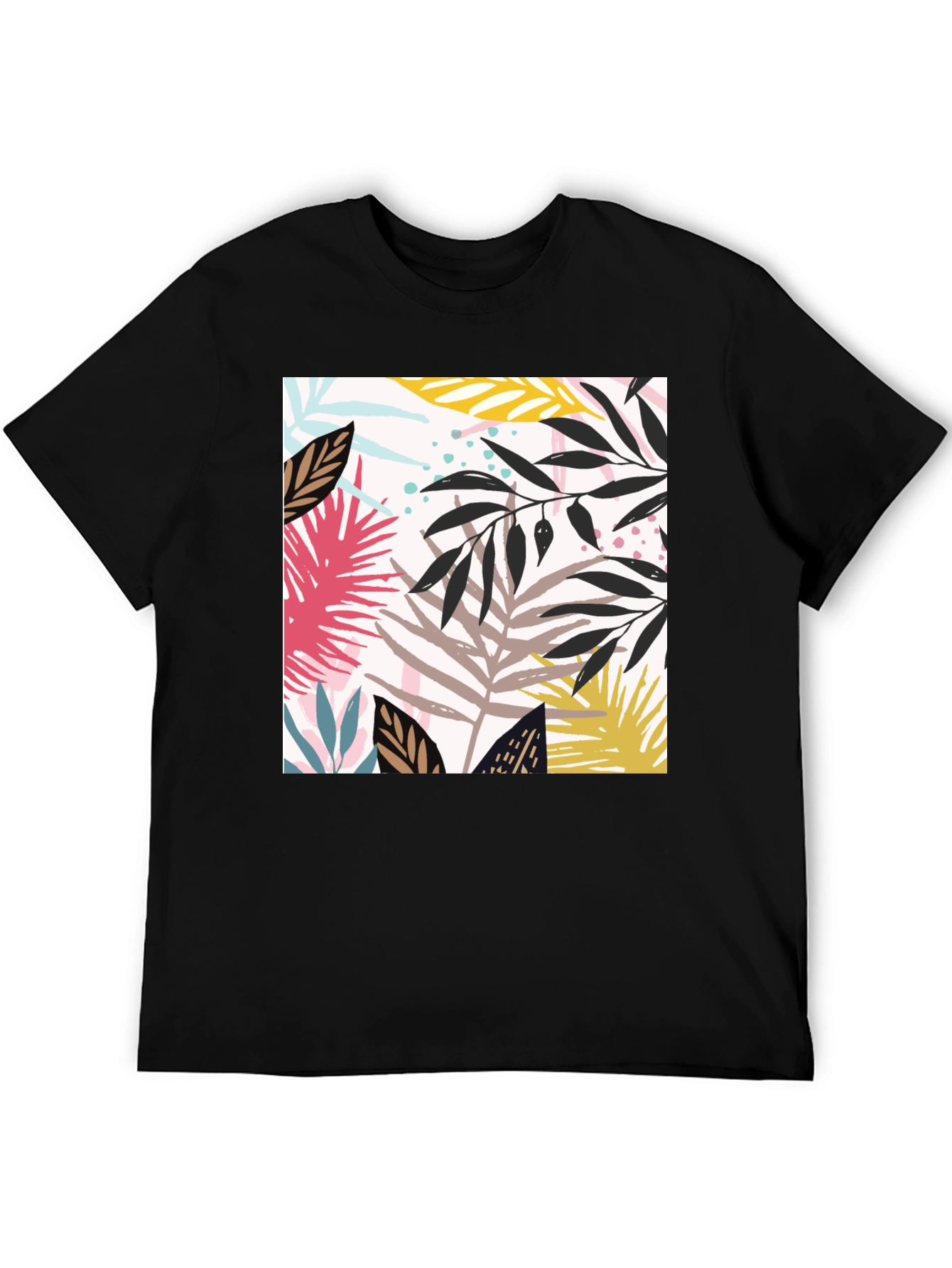 Tropical Leaf Print Black T-Shirt for Men