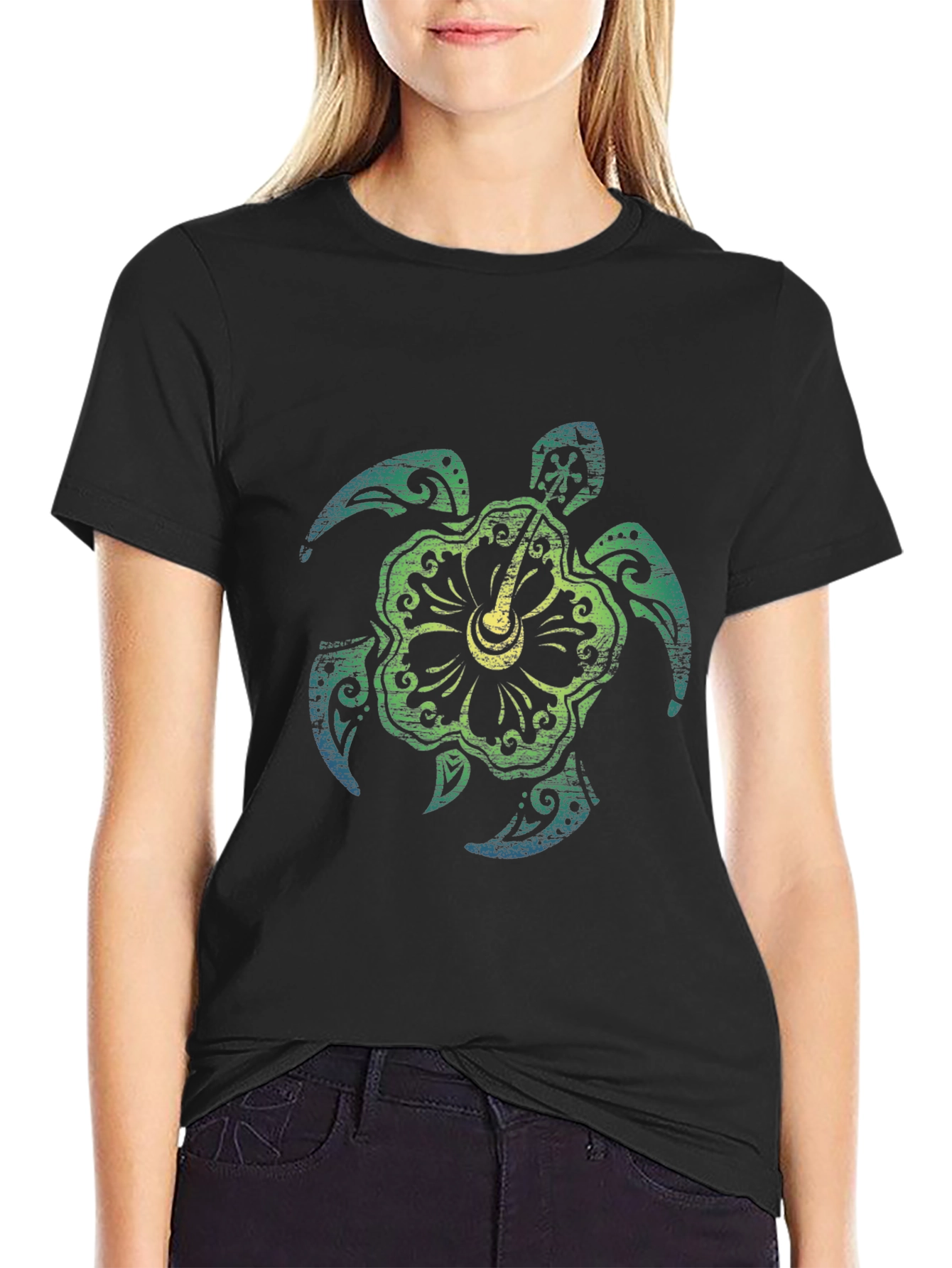 Turtle Hibiscus Graphic Tee - Black