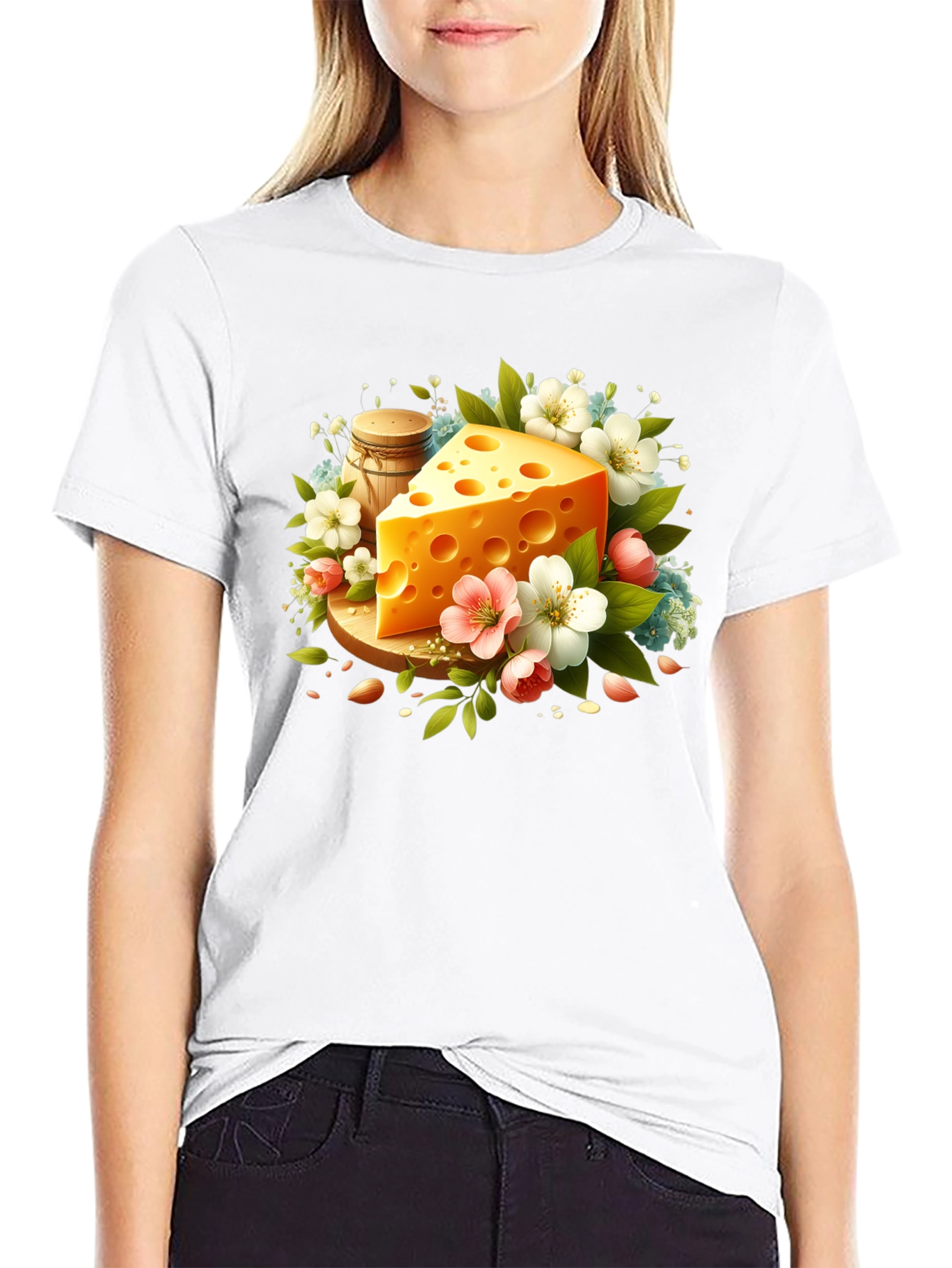 Whimsical Cheese & Floral Graphic Tee