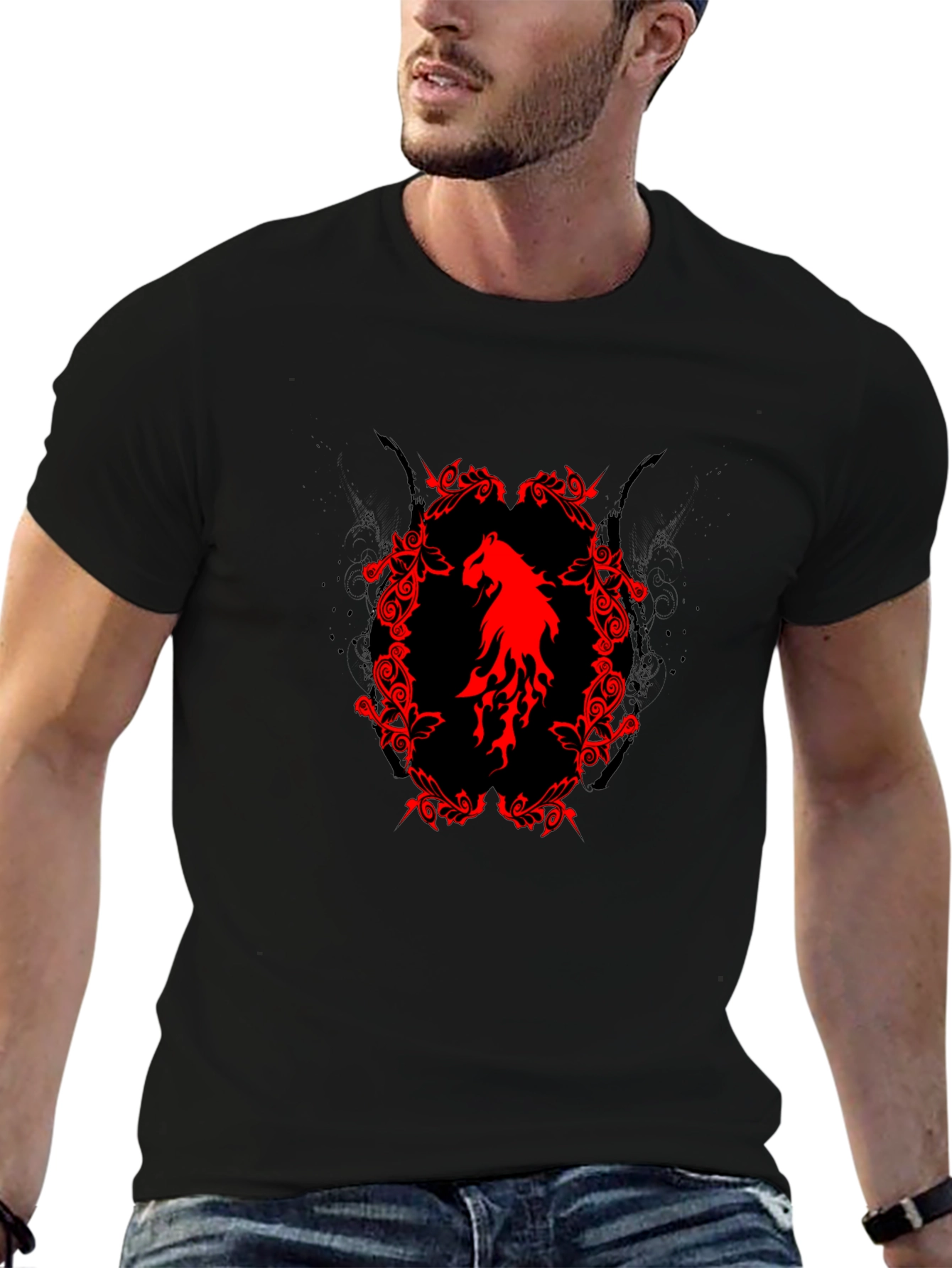 Black T-Shirt with Red Horse Graphic