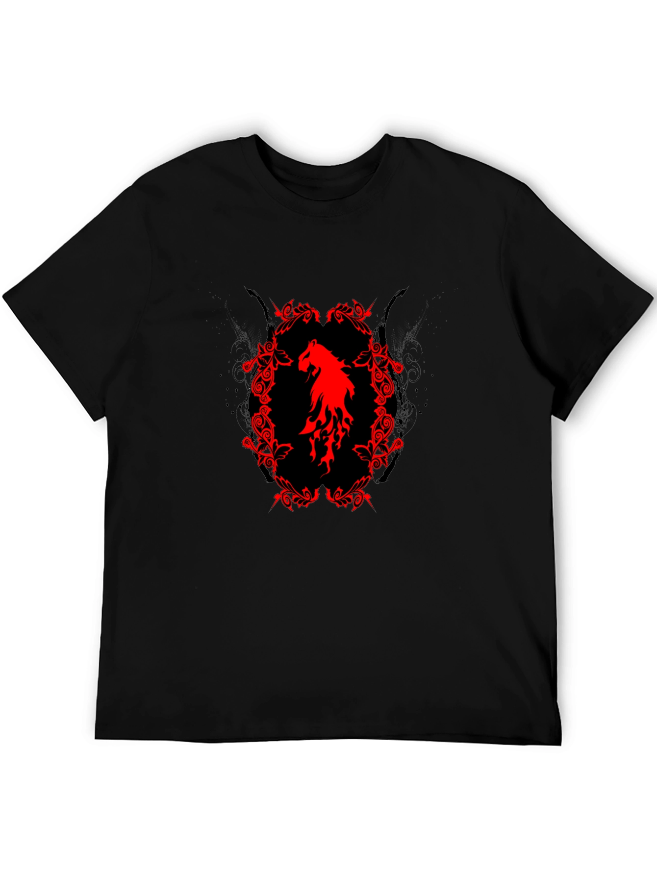 Black T-Shirt with Red Horse Graphic