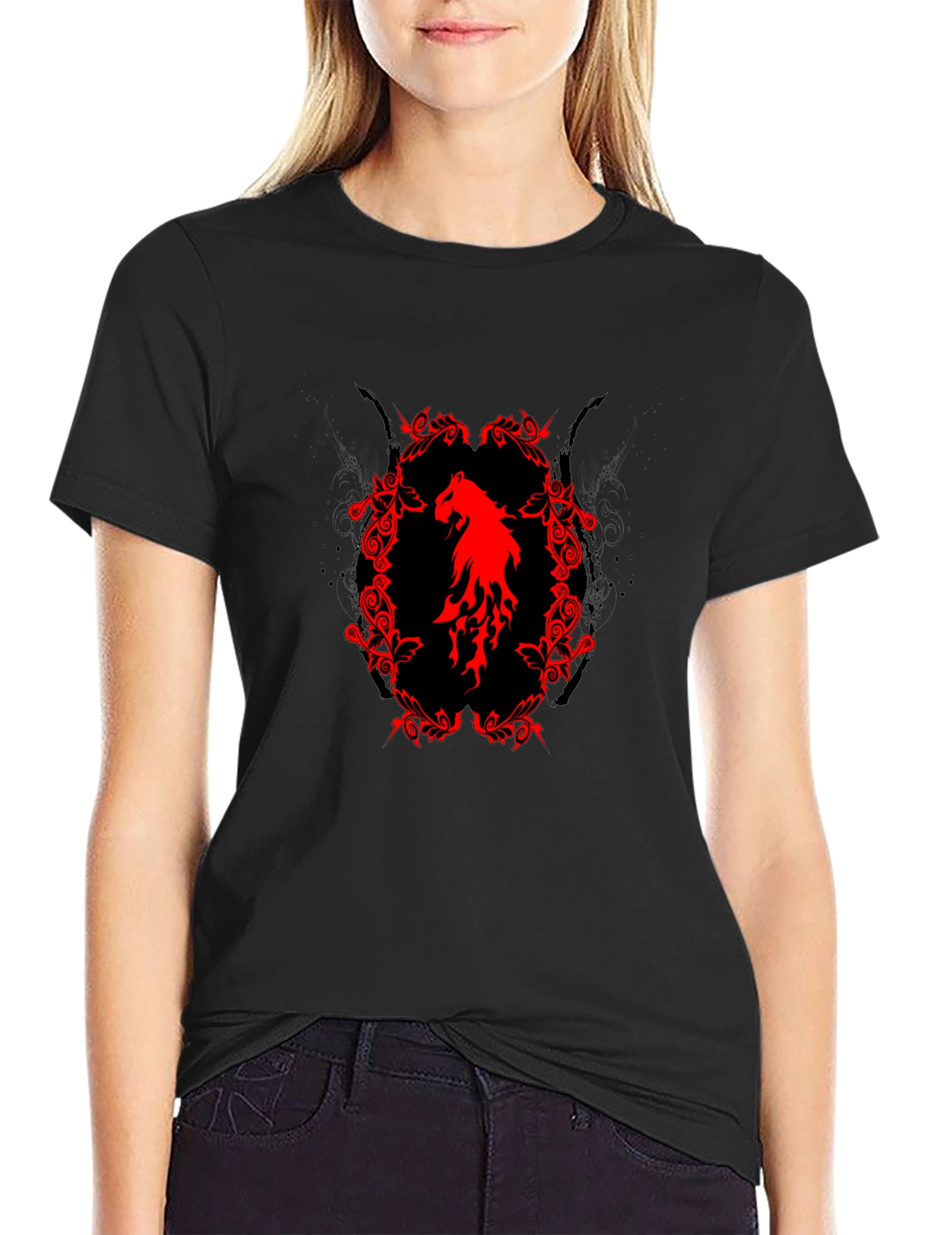 Black T-Shirt with Red Horse Graphic
