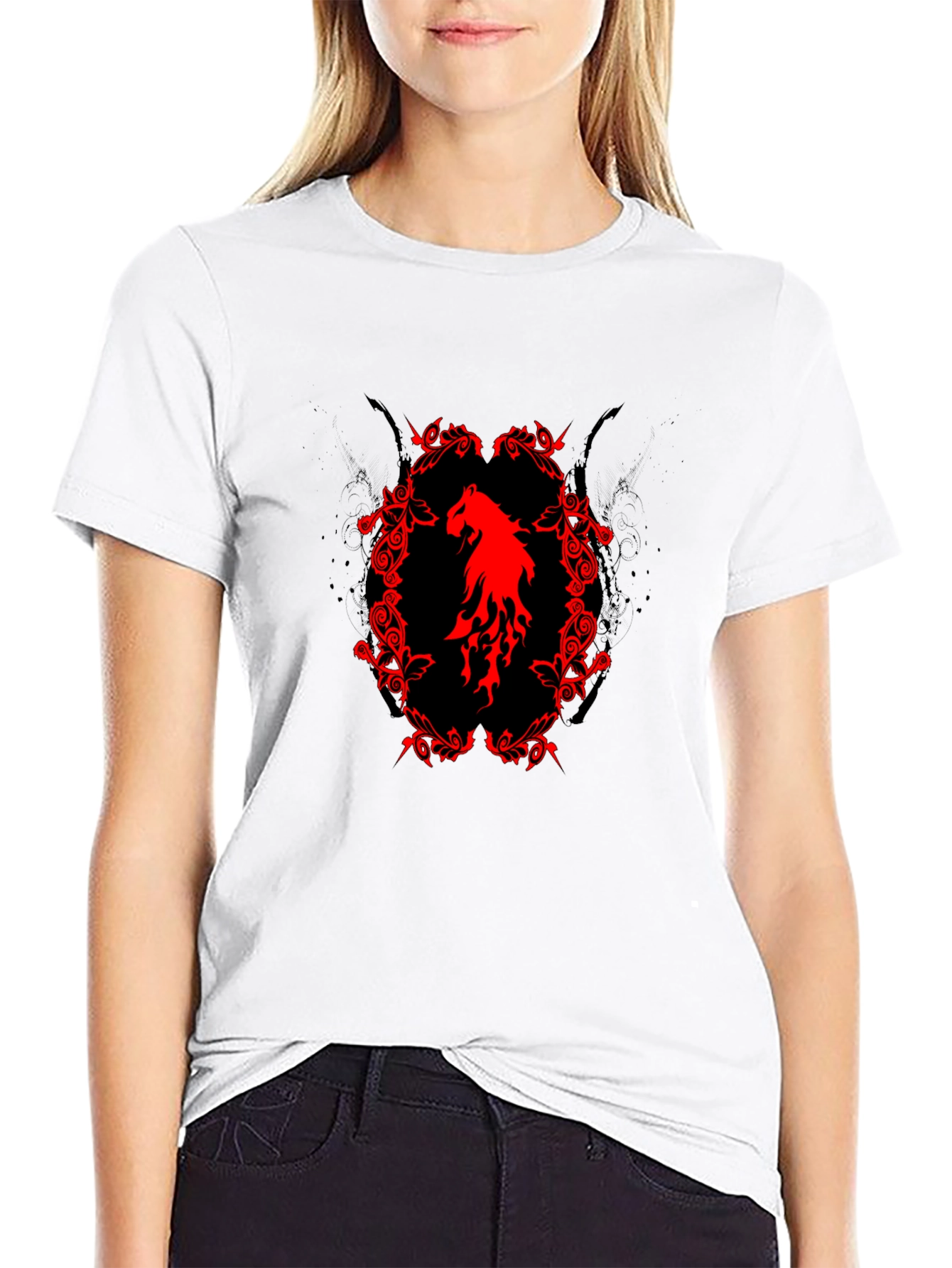 Black T-Shirt with Red Horse Graphic