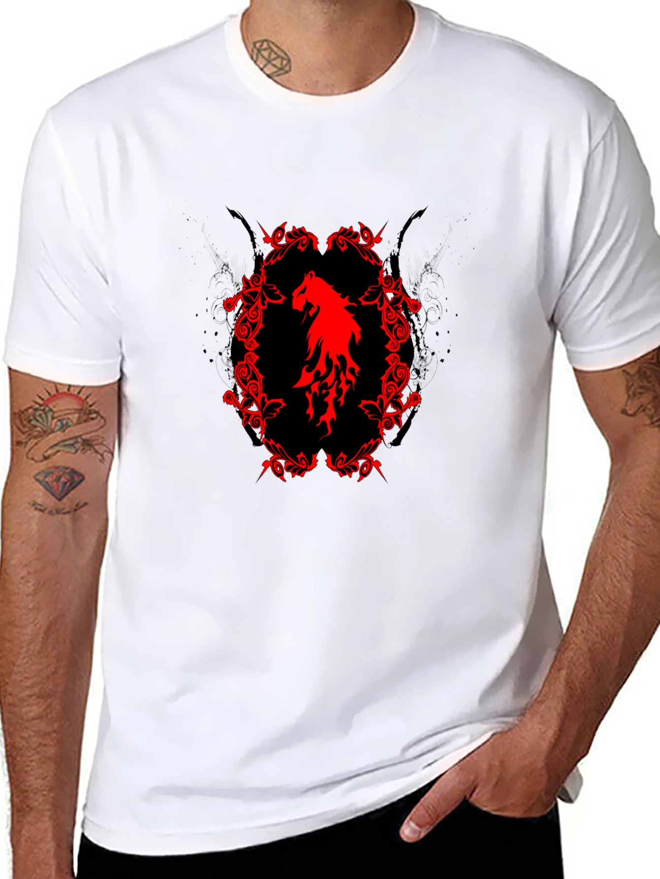 Black T-Shirt with Red Horse Graphic