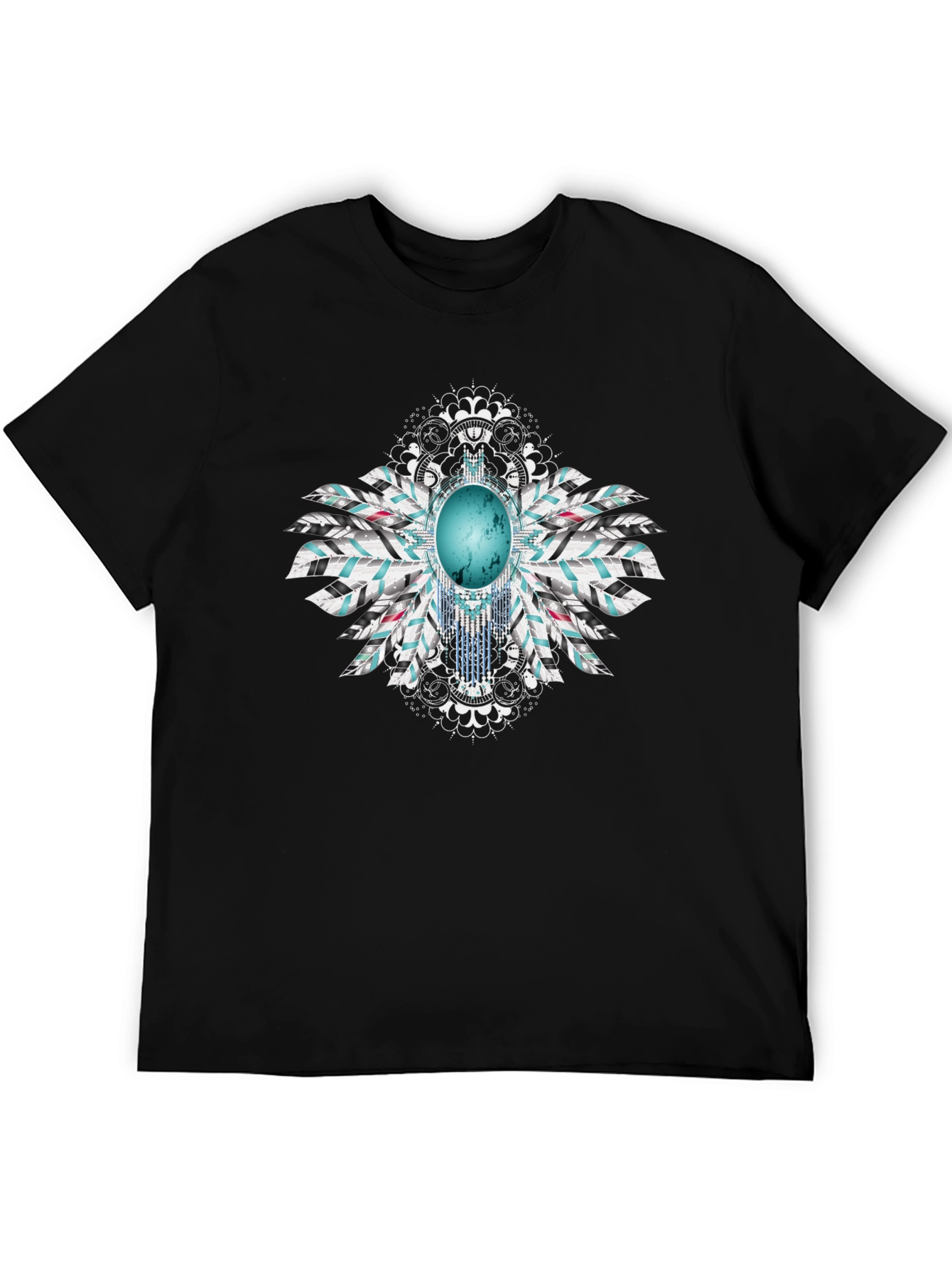 Turquoise Stone Feather Graphic Black T-Shirt