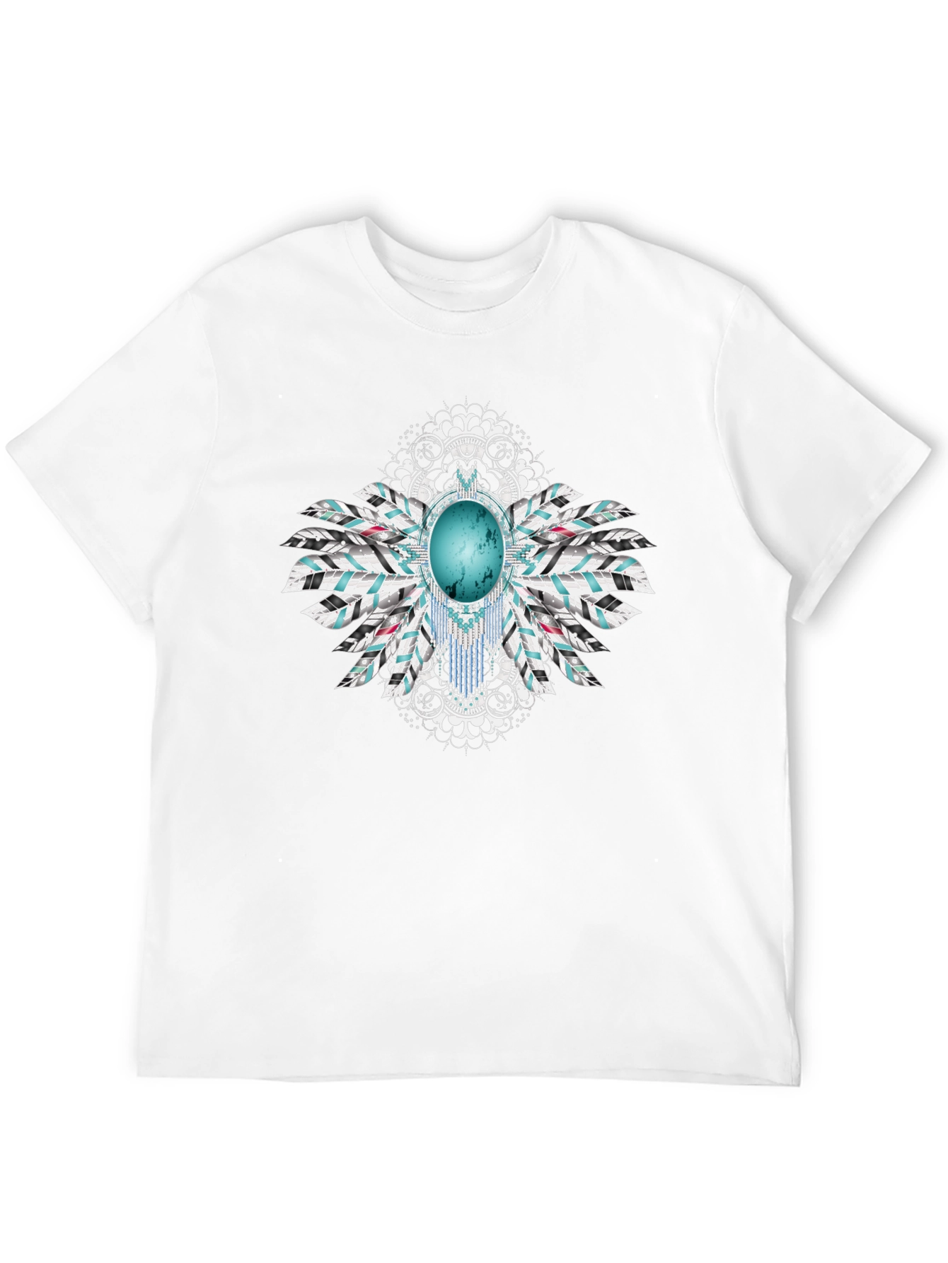 Turquoise Stone Feather Graphic Black T-Shirt
