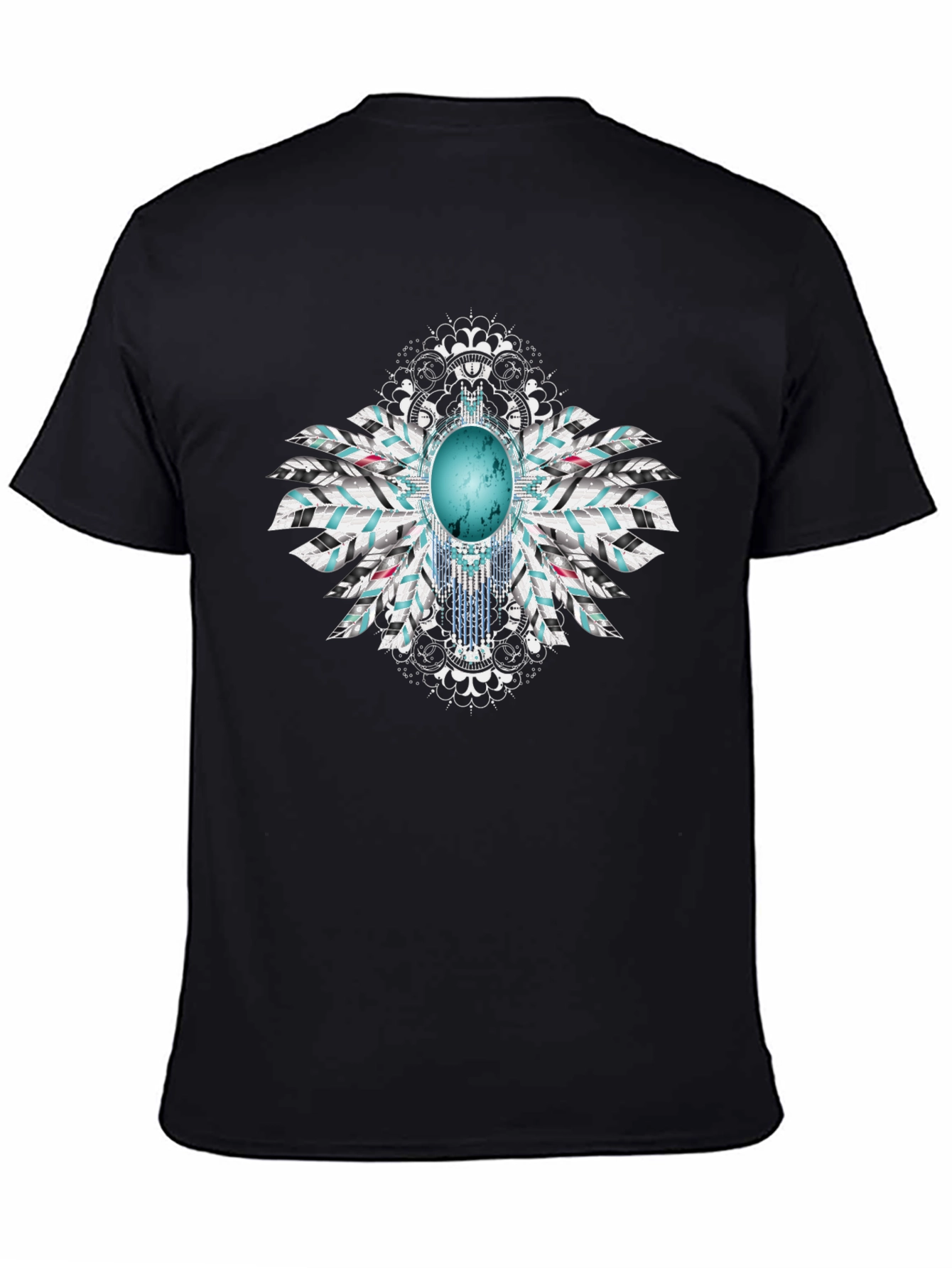 Turquoise Stone Feather Graphic Black T-Shirt