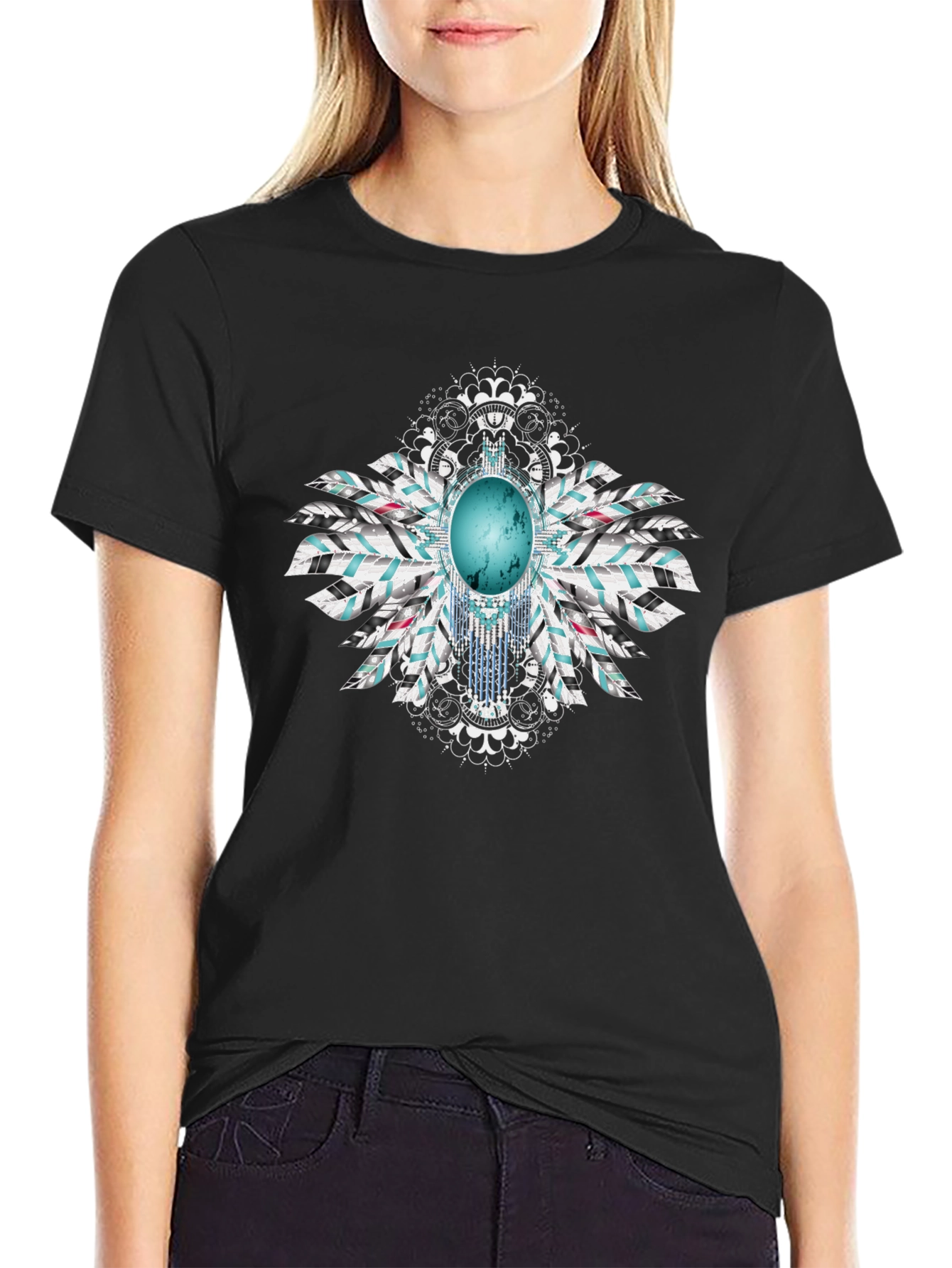 Turquoise Stone Feather Graphic Black T-Shirt