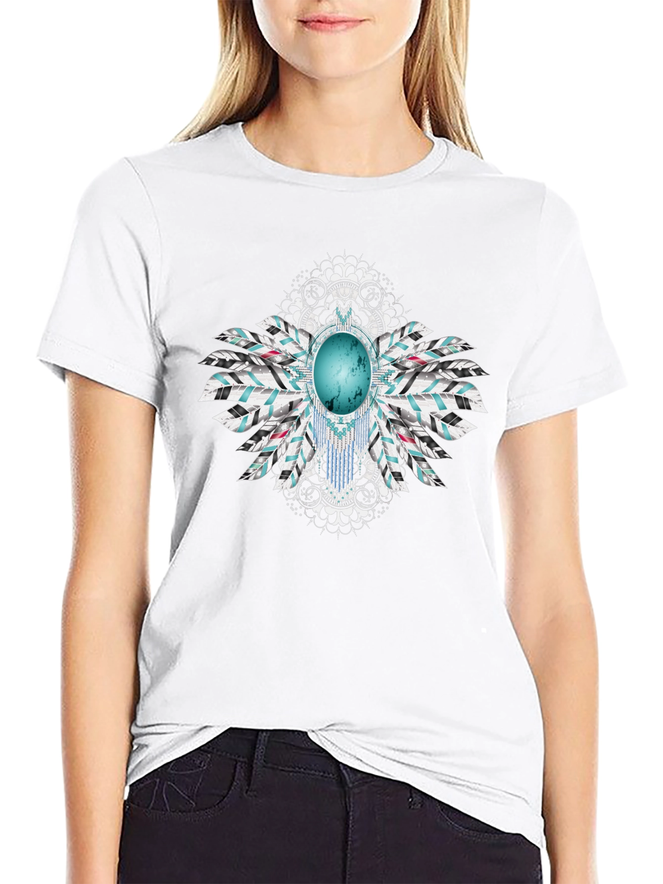 Turquoise Stone Feather Graphic Black T-Shirt