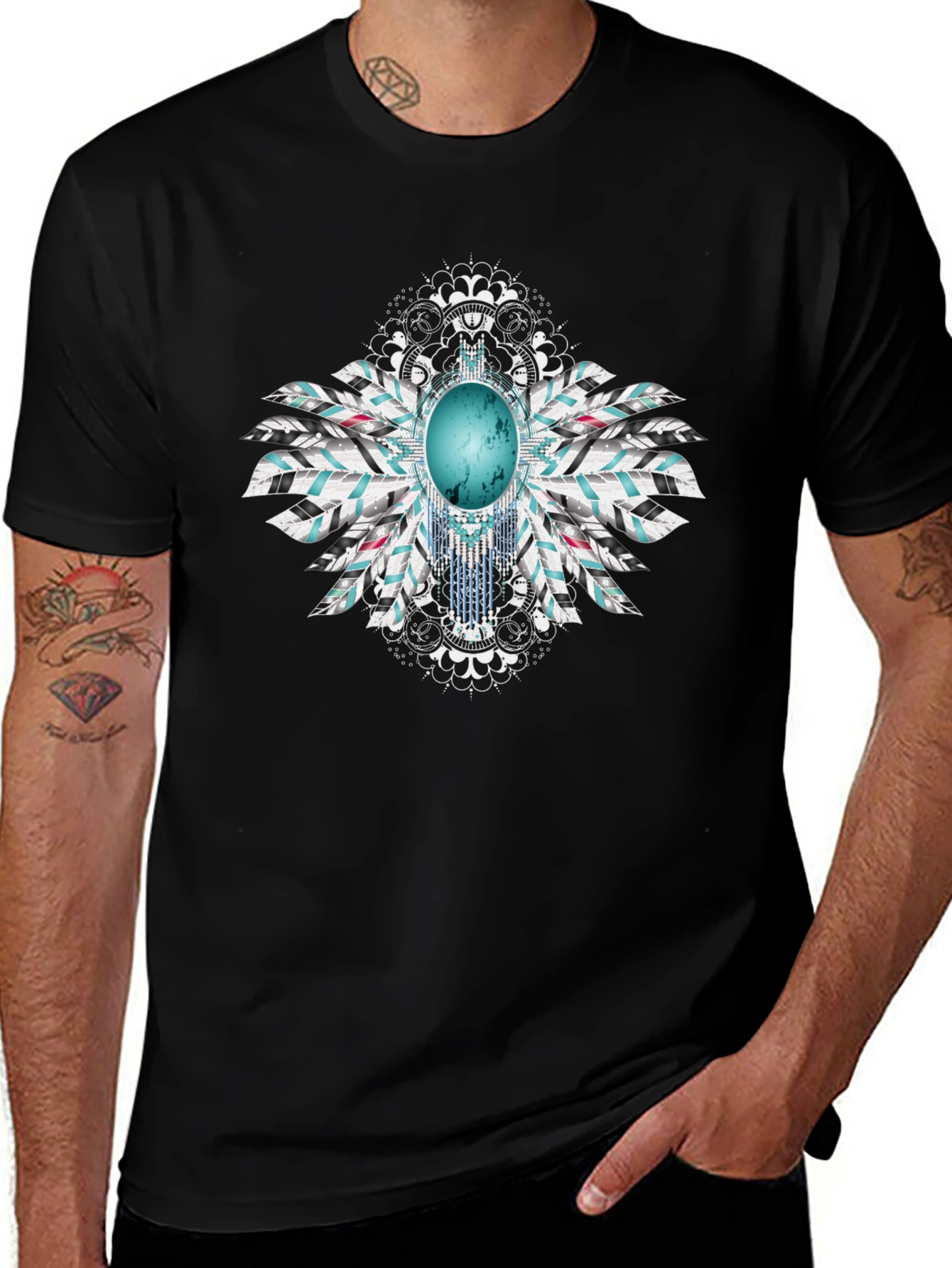 Turquoise Stone Feather Graphic Black T-Shirt