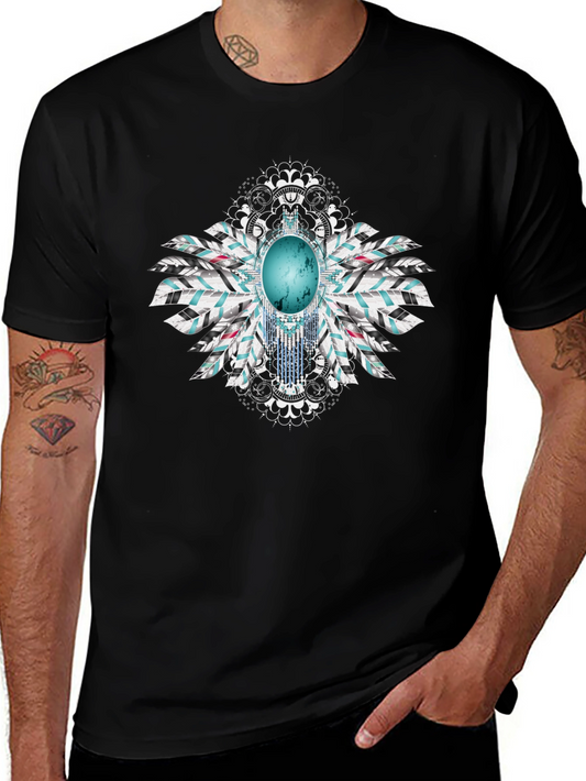 Turquoise Stone Feather Graphic Black T-Shirt