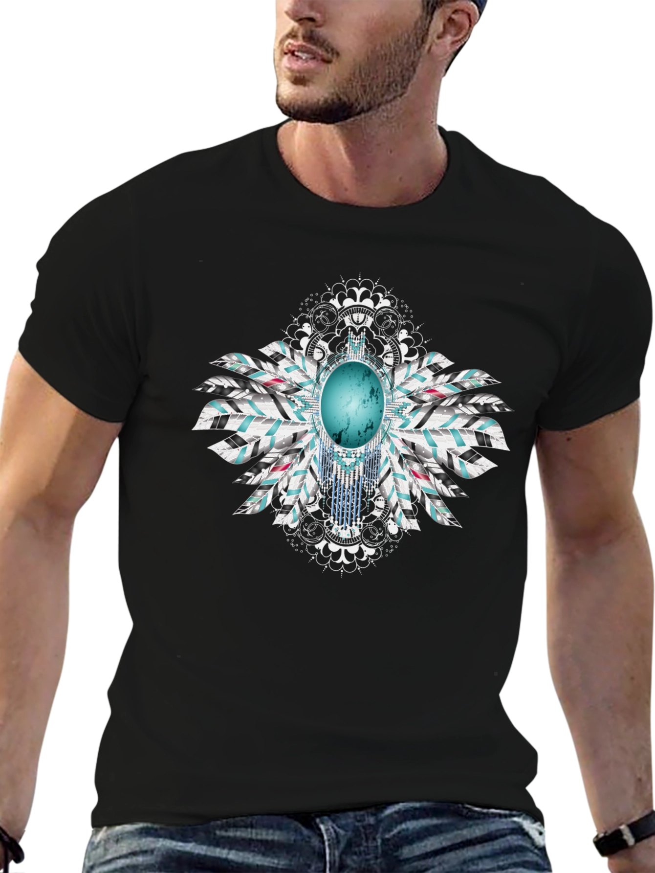 Turquoise Stone Feather Graphic Black T-Shirt