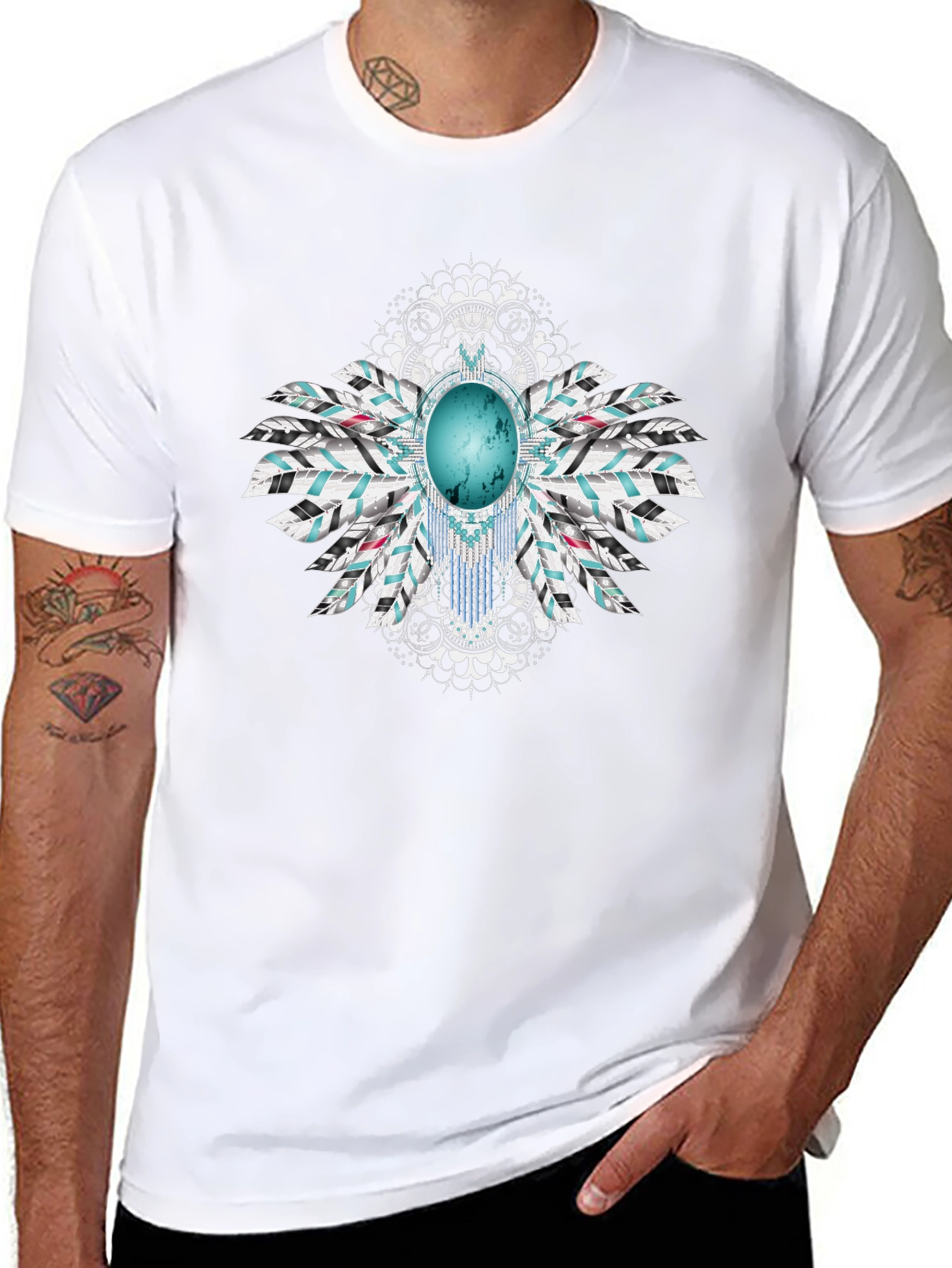 Turquoise Stone Feather Graphic Black T-Shirt