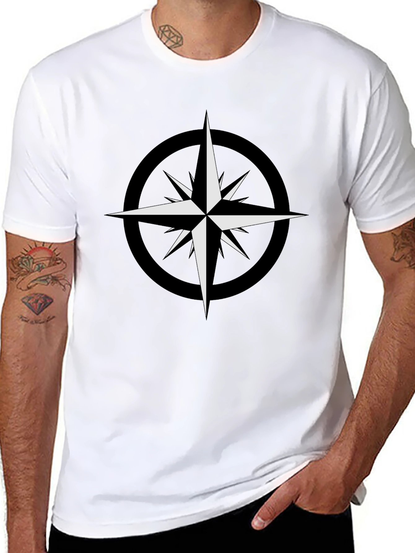 Black T-Shirt with Compass Star Graphic