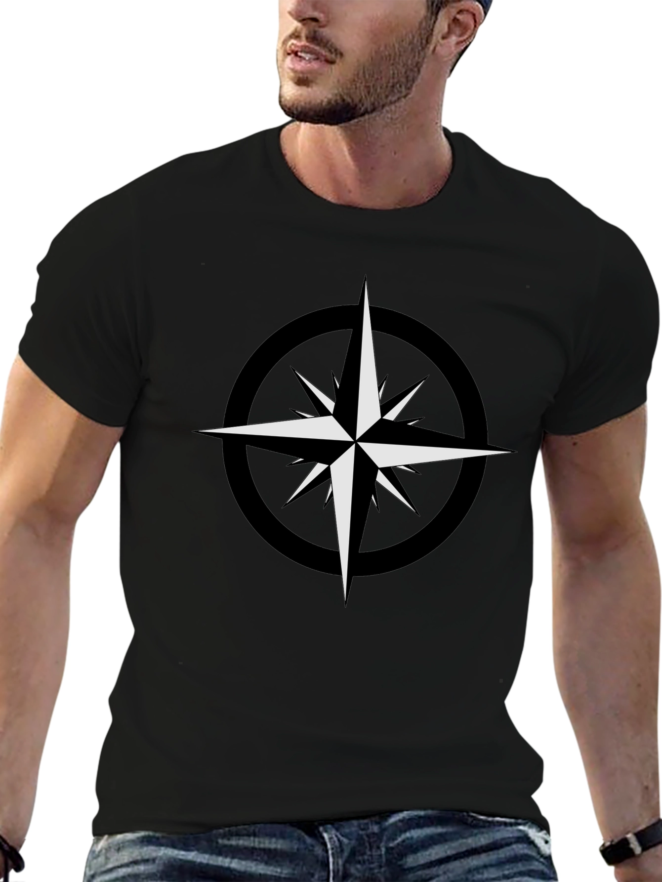 Black T-Shirt with Compass Star Graphic