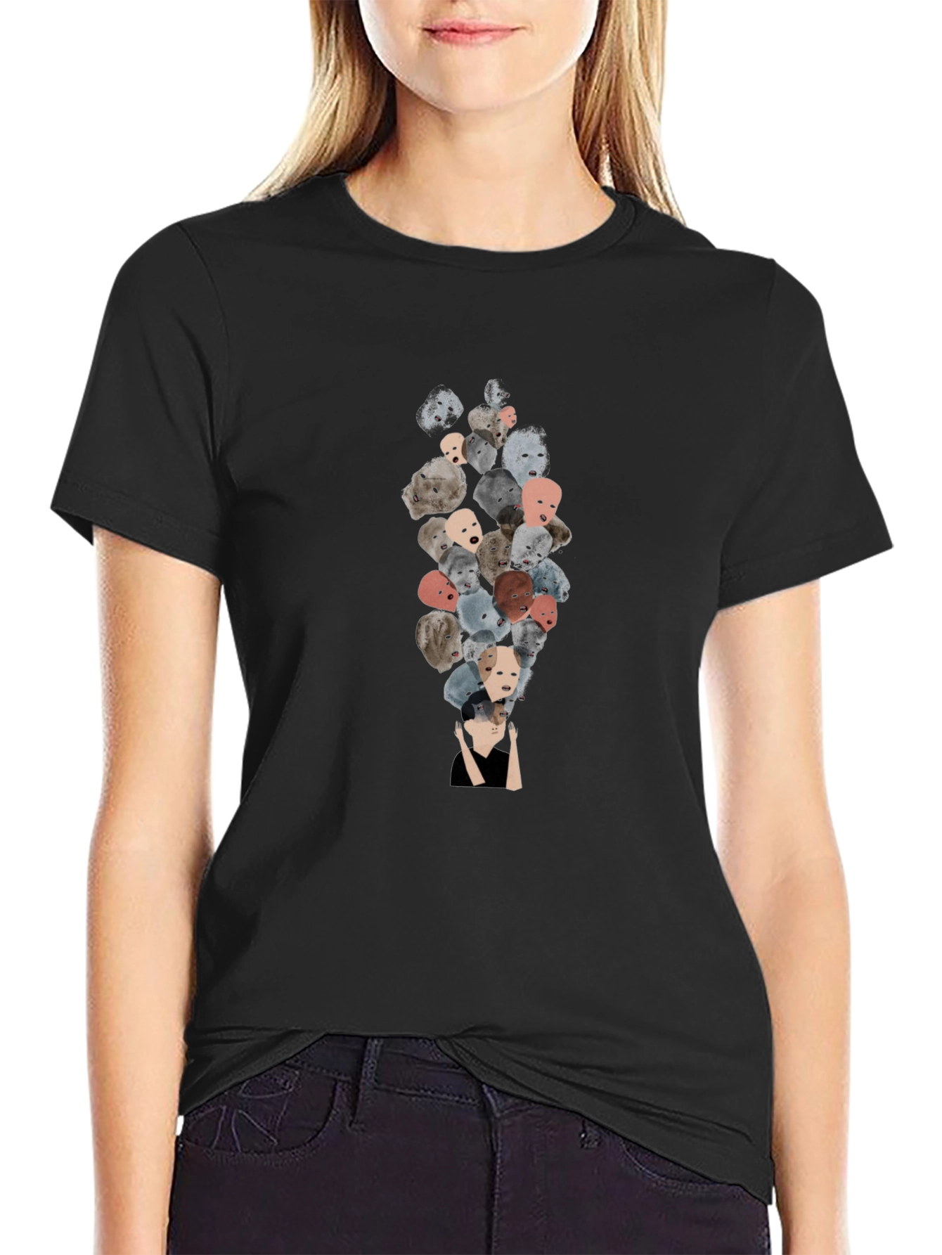 Unique Faces Graphic Print Black T-Shirt