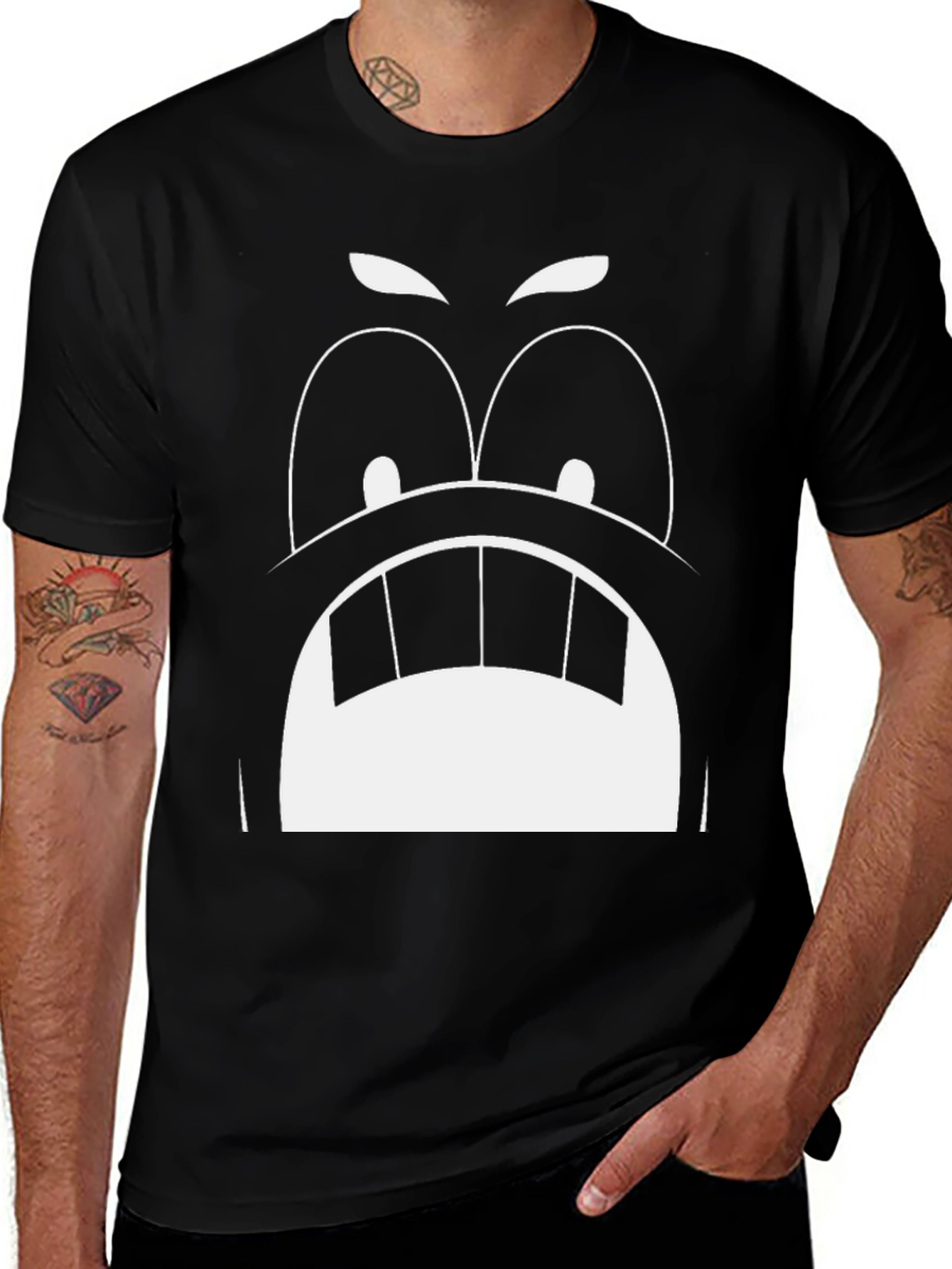 Angry Cartoon Face Graphic Tee - Black Cotton T-Shirt