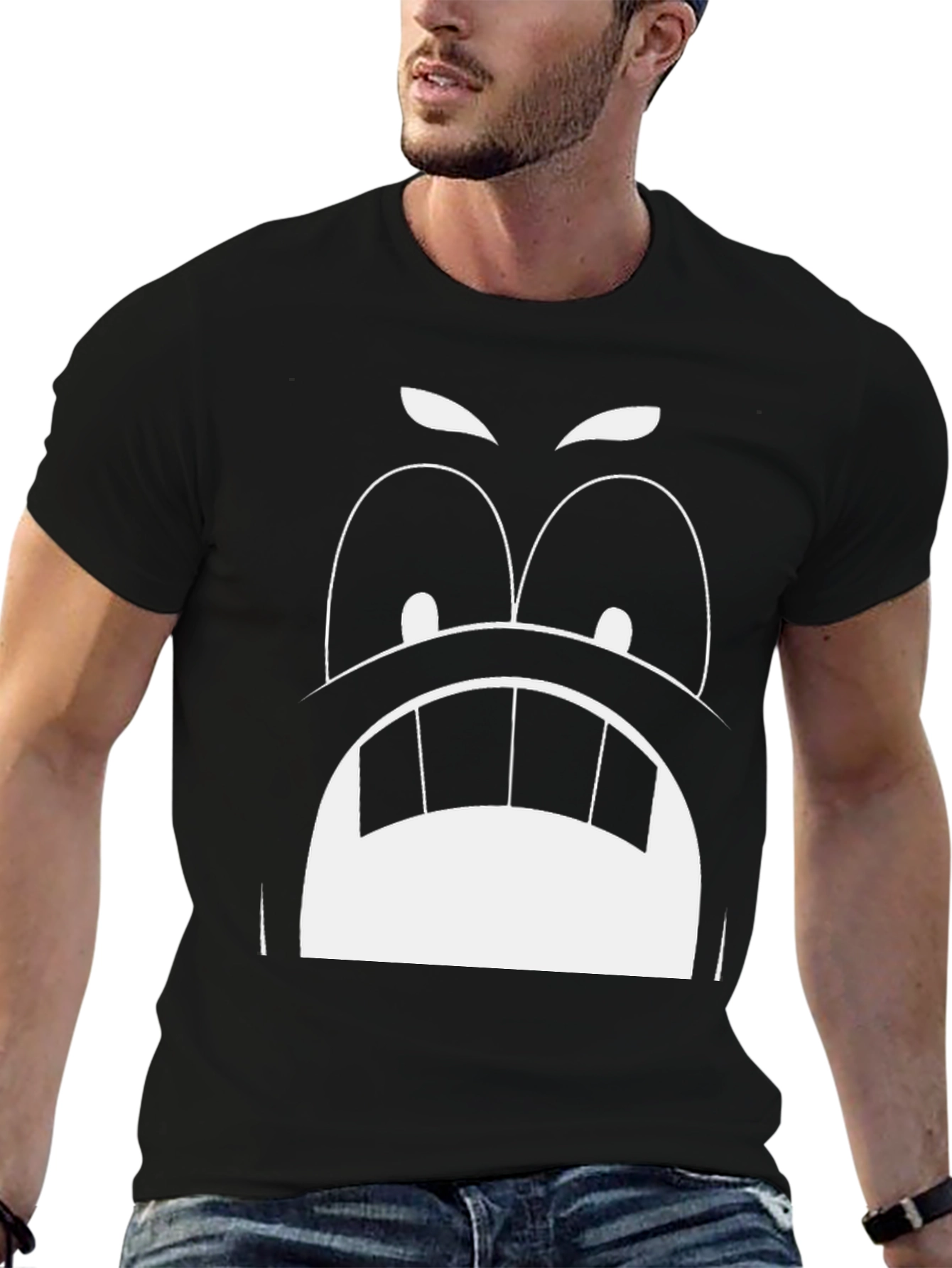 Angry Cartoon Face Graphic Tee - Black Cotton T-Shirt