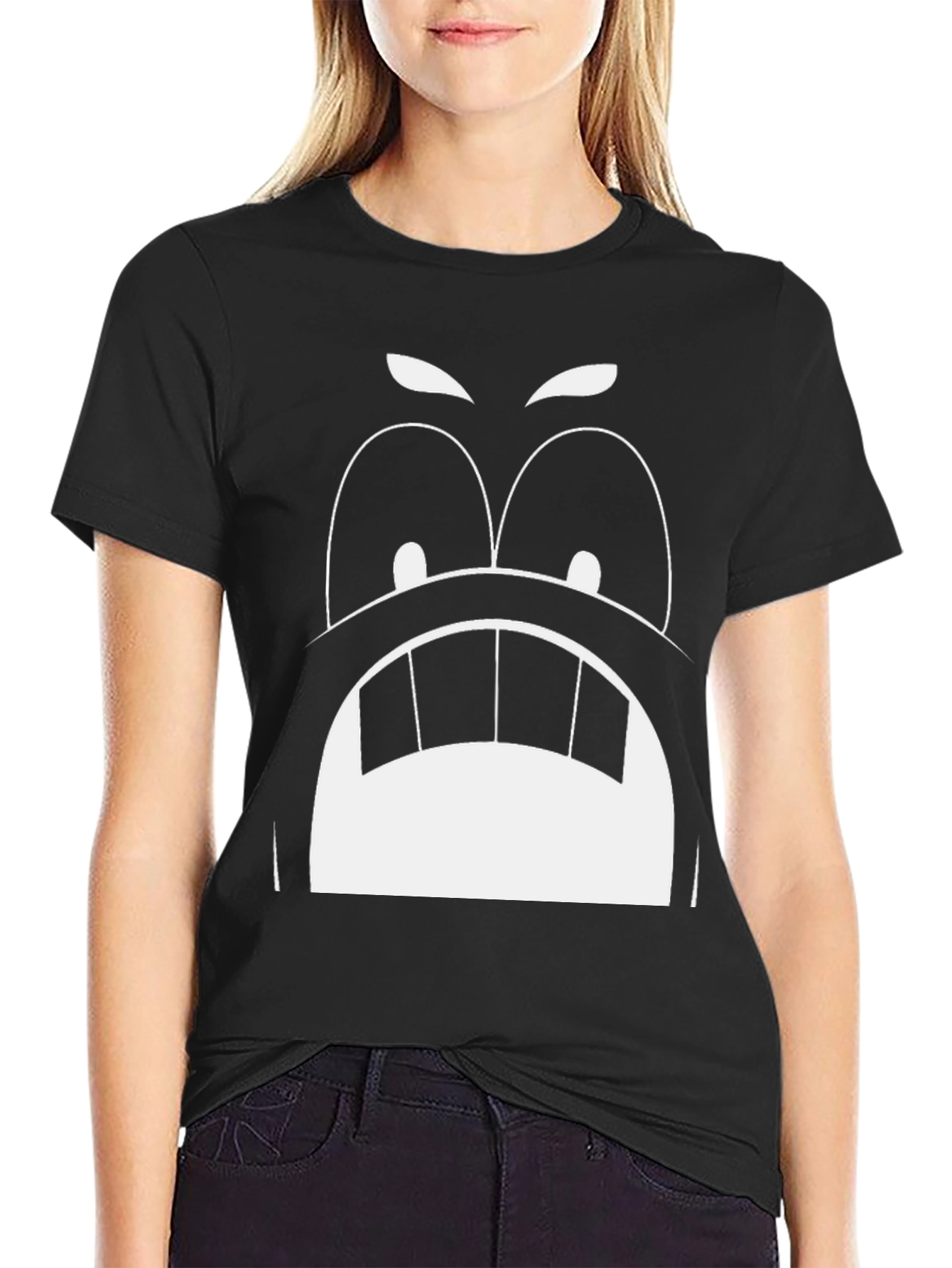 Angry Cartoon Face Graphic Tee - Black Cotton T-Shirt