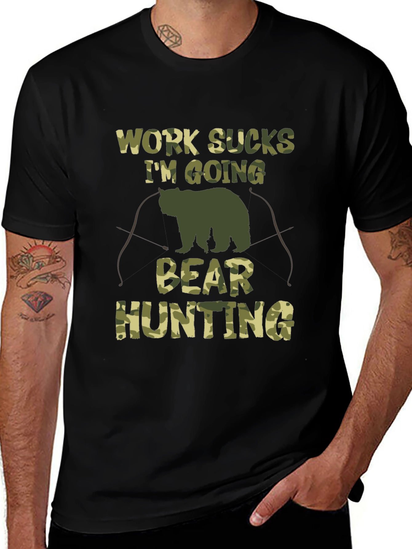 Work Sucks Bear Hunting Camo Graphic T-Shirt