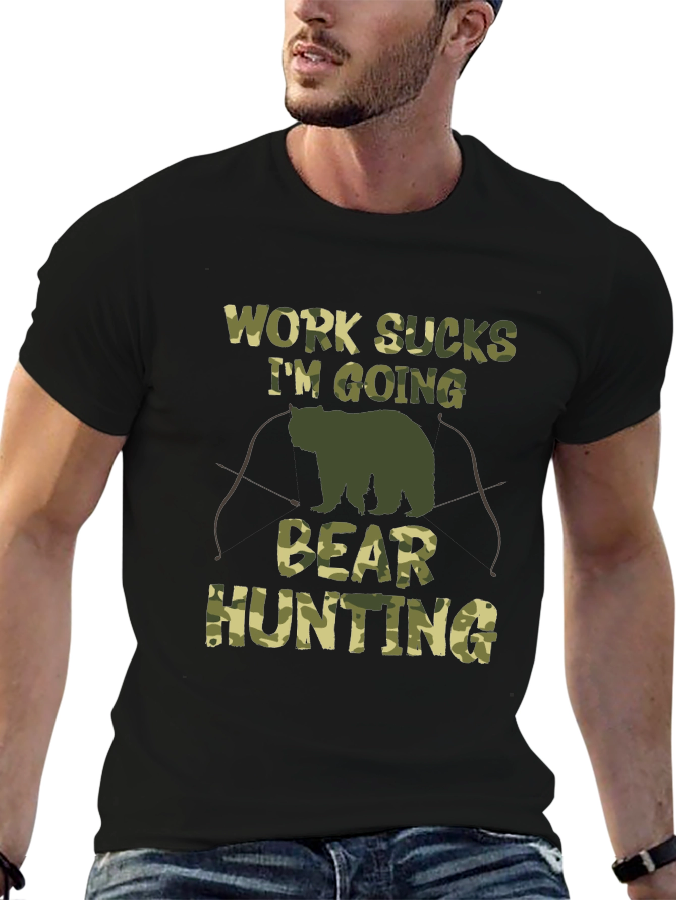 Work Sucks Bear Hunting Camo Graphic T-Shirt
