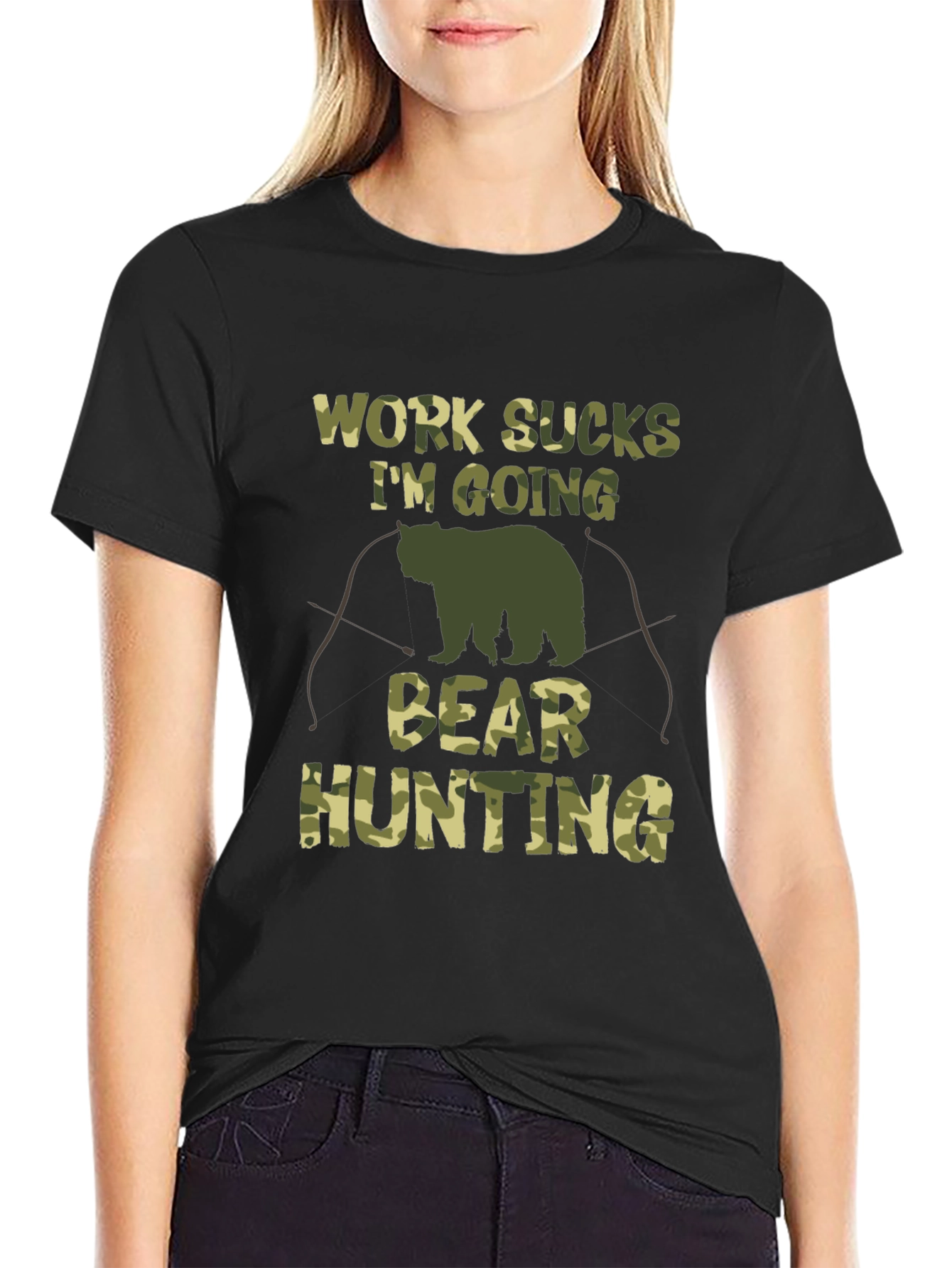 Work Sucks Bear Hunting Camo Graphic T-Shirt