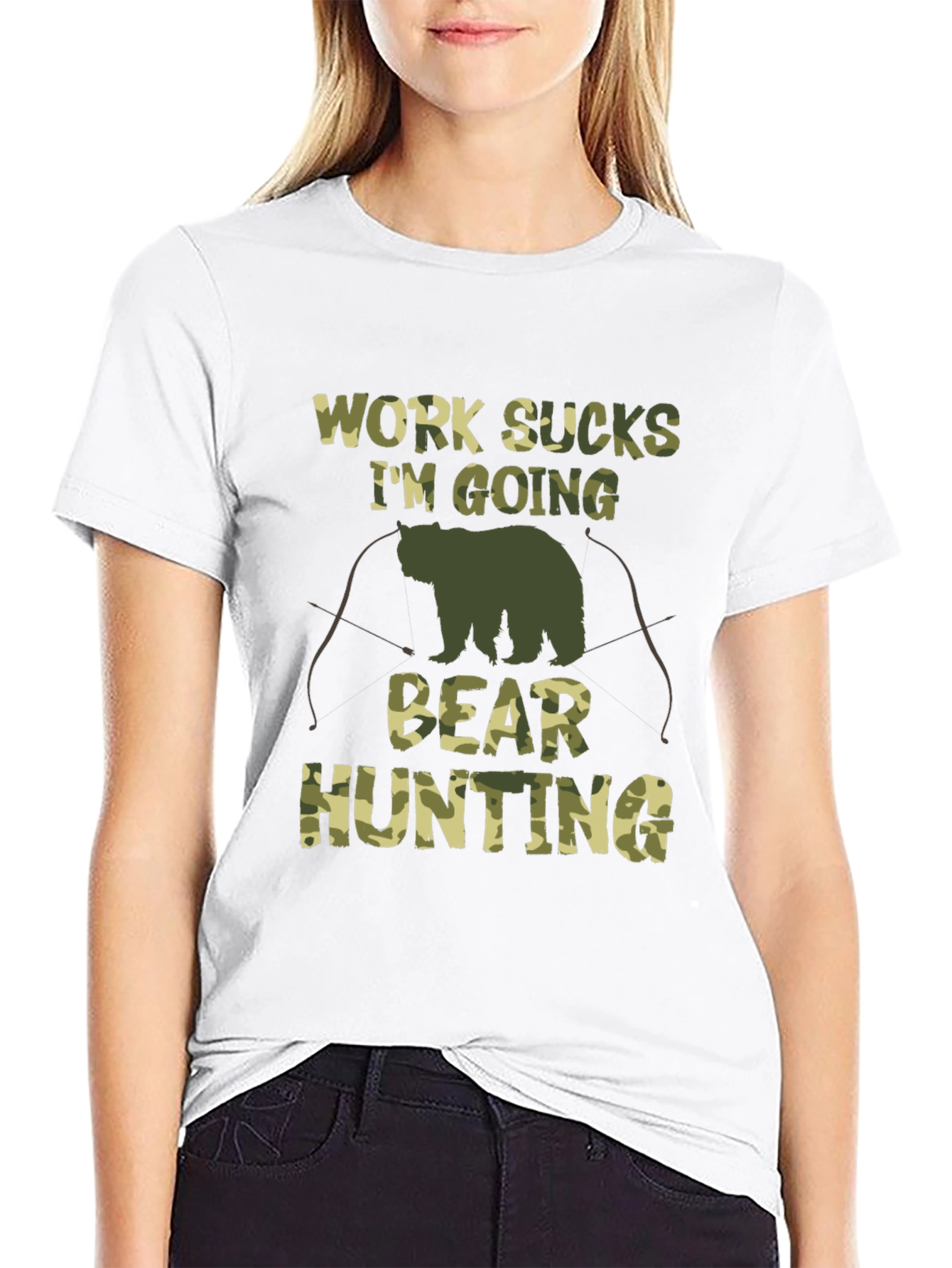 Work Sucks Bear Hunting Camo Graphic T-Shirt