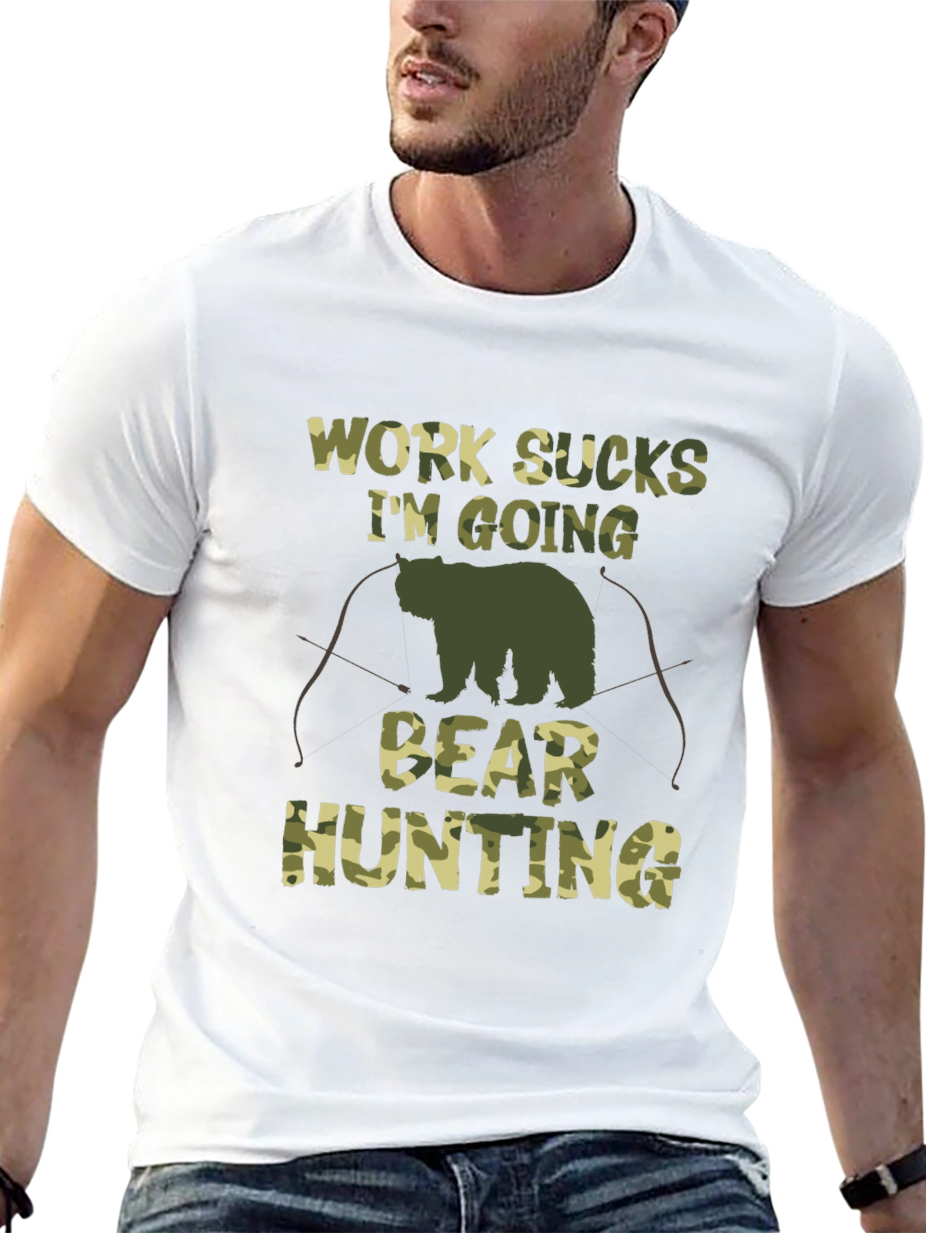 Work Sucks Bear Hunting Camo Graphic T-Shirt