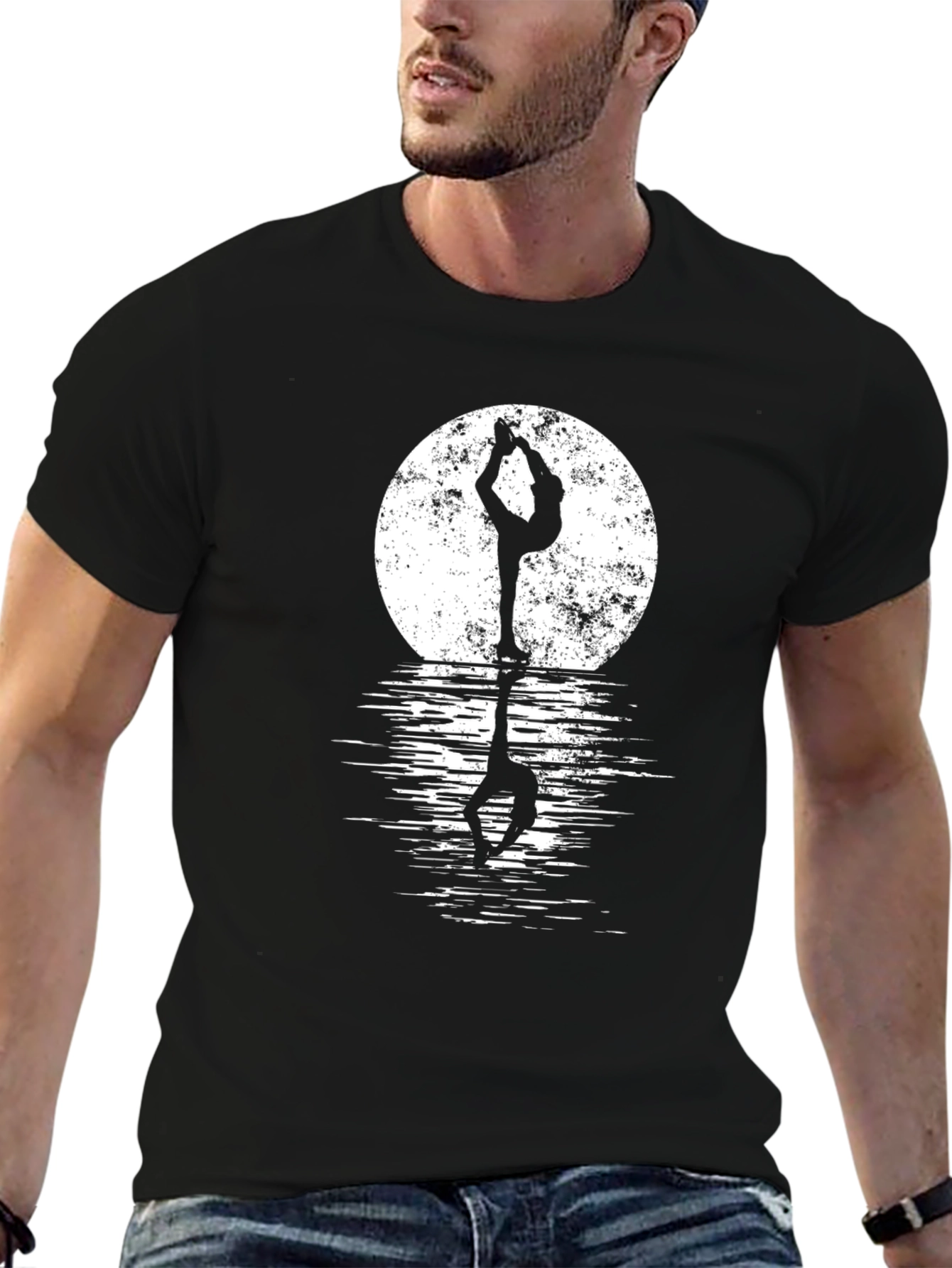 Yoga Moon Reflection Black Graphic Tee Shirt