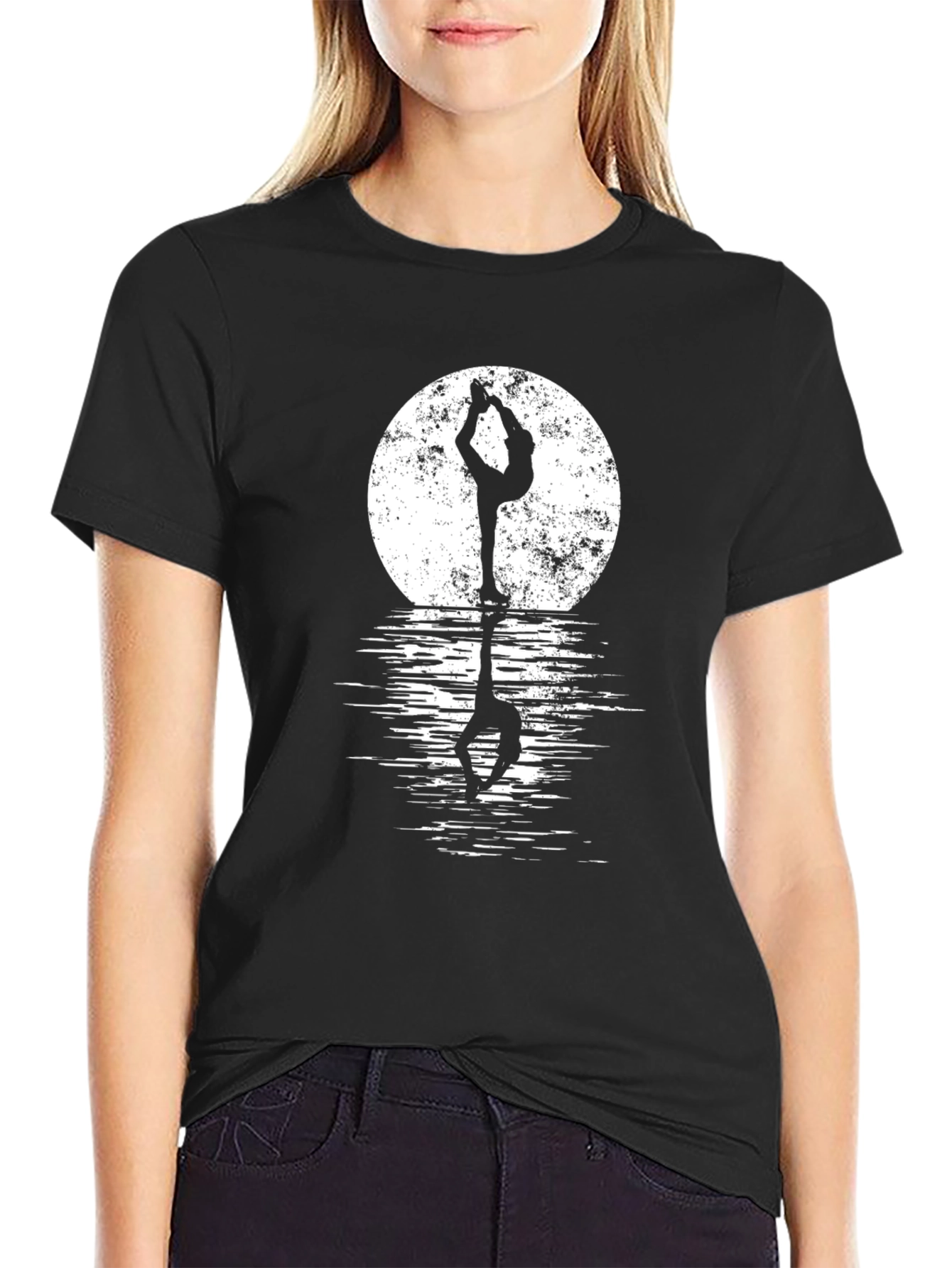 Yoga Moon Reflection Black Graphic Tee Shirt