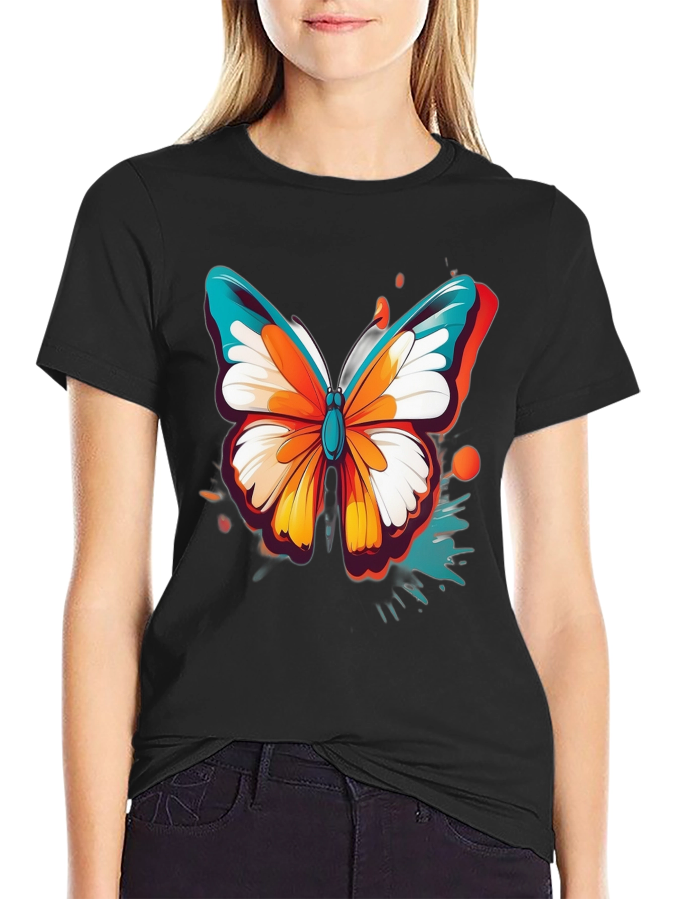 Vibrant Butterfly Graphic Black T-Shirt
